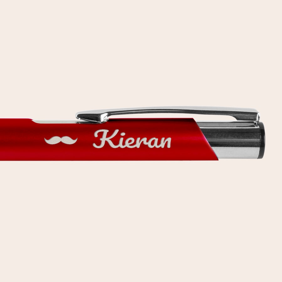 Ballpoint pen - Viva Red custom viva pen engraved with the name Kieran and a mustache symbol