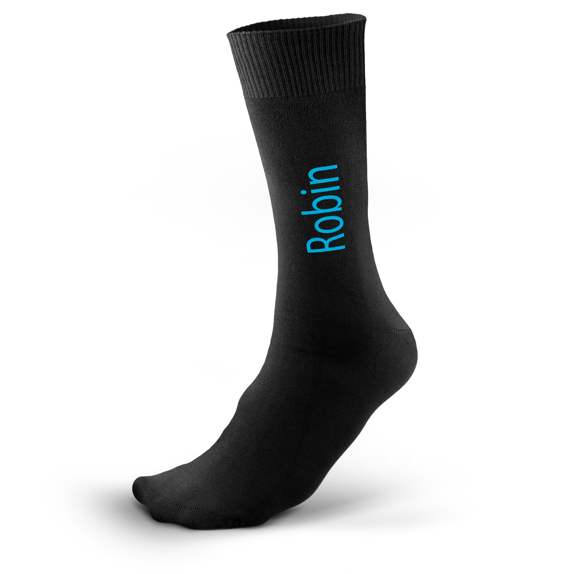 Black personalized socks printed with the name Robin in blue text