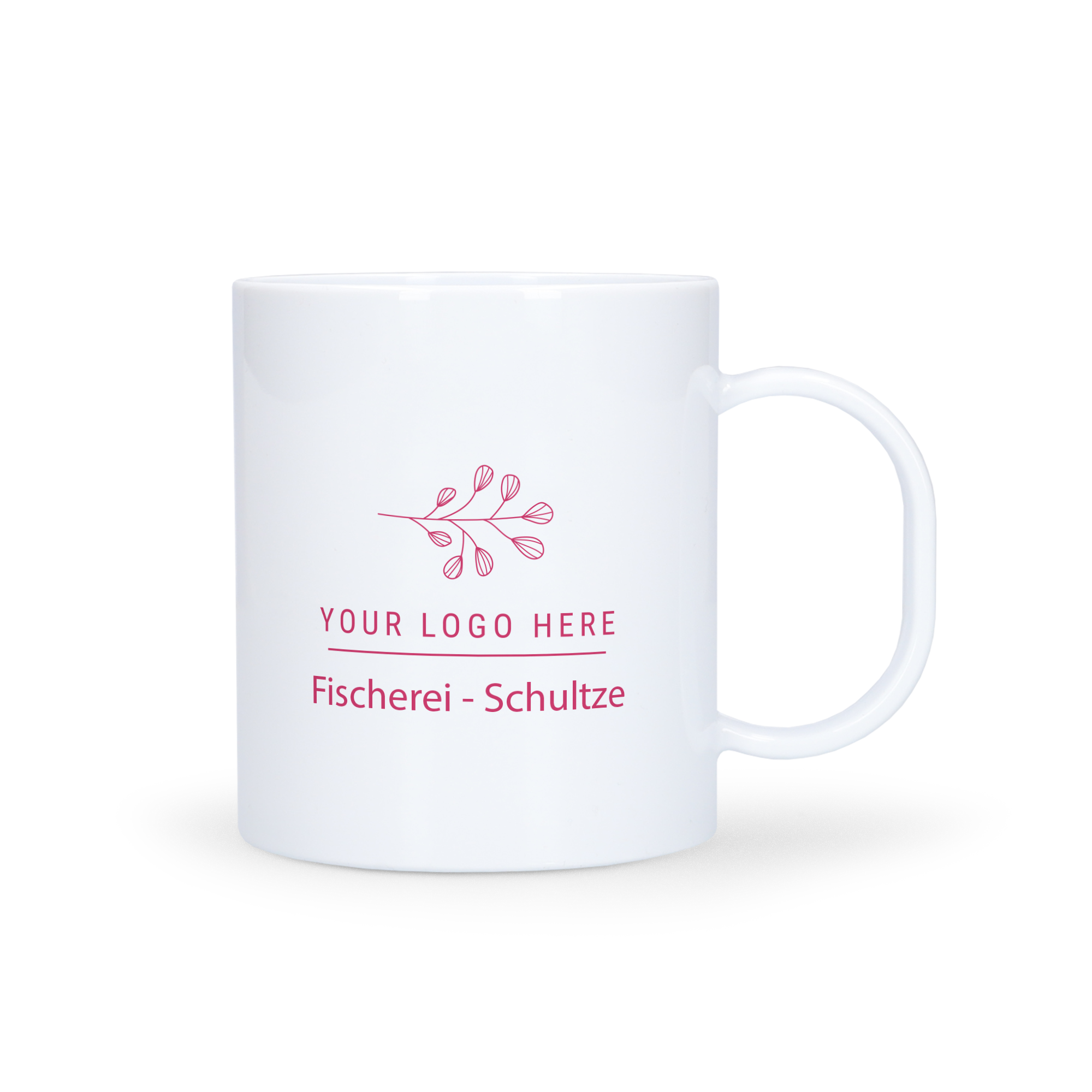 Weiße stoßfeste Plastik Tasse mit "Fischerei-Schultze" und Logo bedruckt, personalisierbar mit Foto und Namen