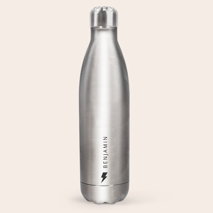 Drinkfles bedrukken Zilverkleurige gepersonaliseerde thermosfles met de naam Benjamin en bliksemicoon, een persoonlijke fles voor elk avontuur