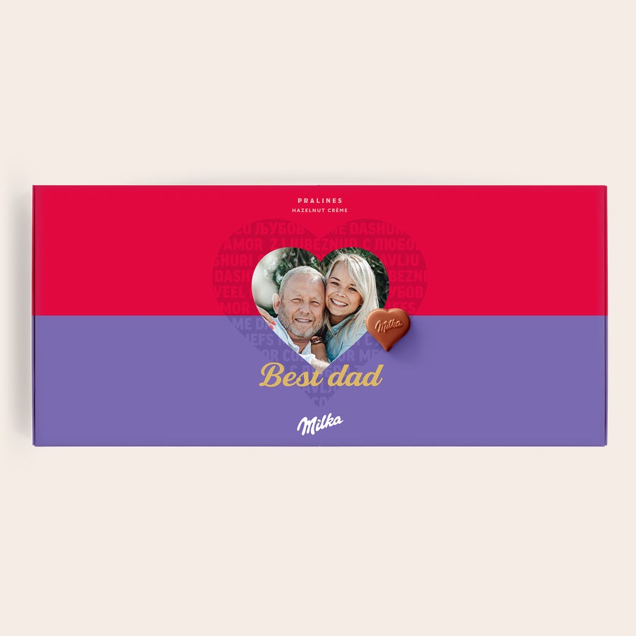 Personalizovaná Milka - Láska Personalizovaná čokoládová dárková krabička Milka s tiskem fotografie páru a nápisem „Best dad“.