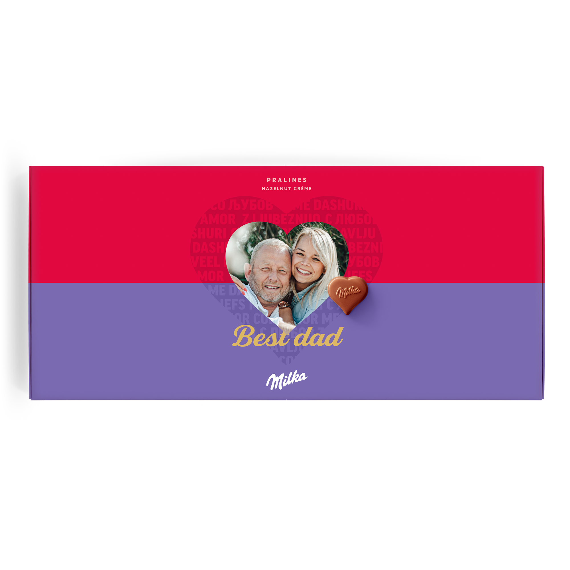 Confezione regalo di cioccolato Milka personalizzata con foto di due persone, messaggio Best dad e un cioccolatino a cuore Milka.