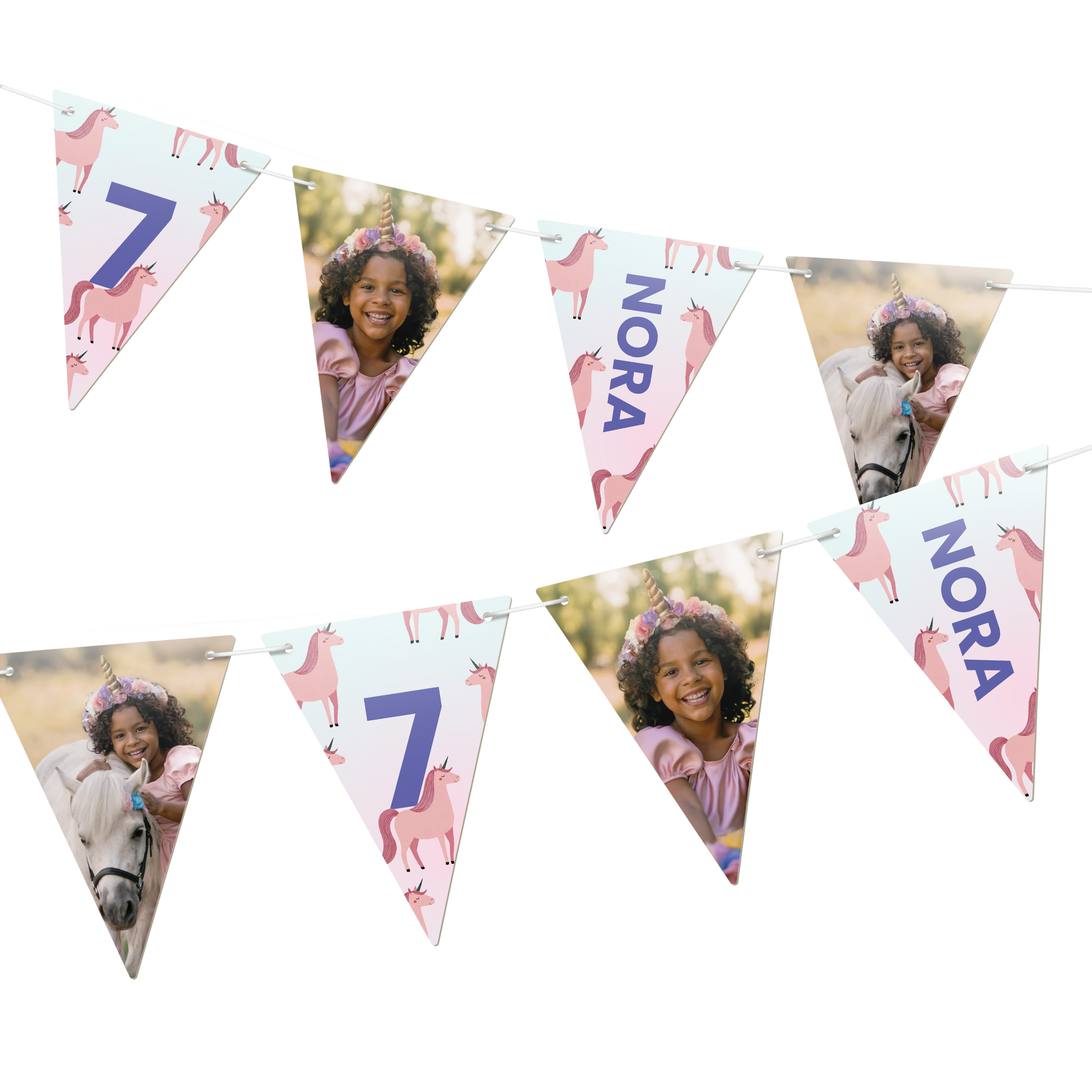 Gepersonaliseerde slingers bedrukken - Driehoekjes - M - 10m met eenhoorn thema, foto en naam Nora, perfect voor een 7e verjaardag.