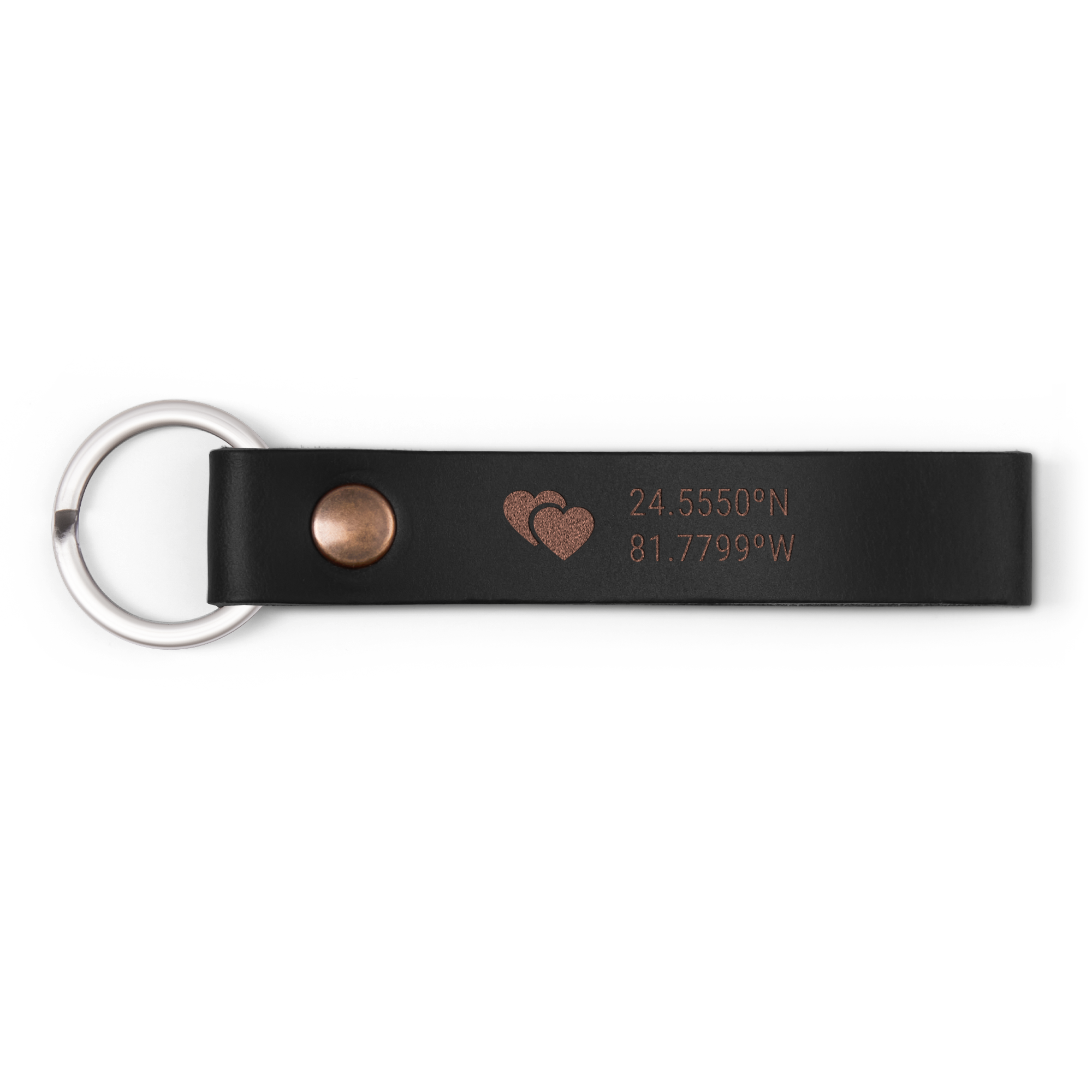 Black leather keyring engraved with two hearts and personalized coordinates