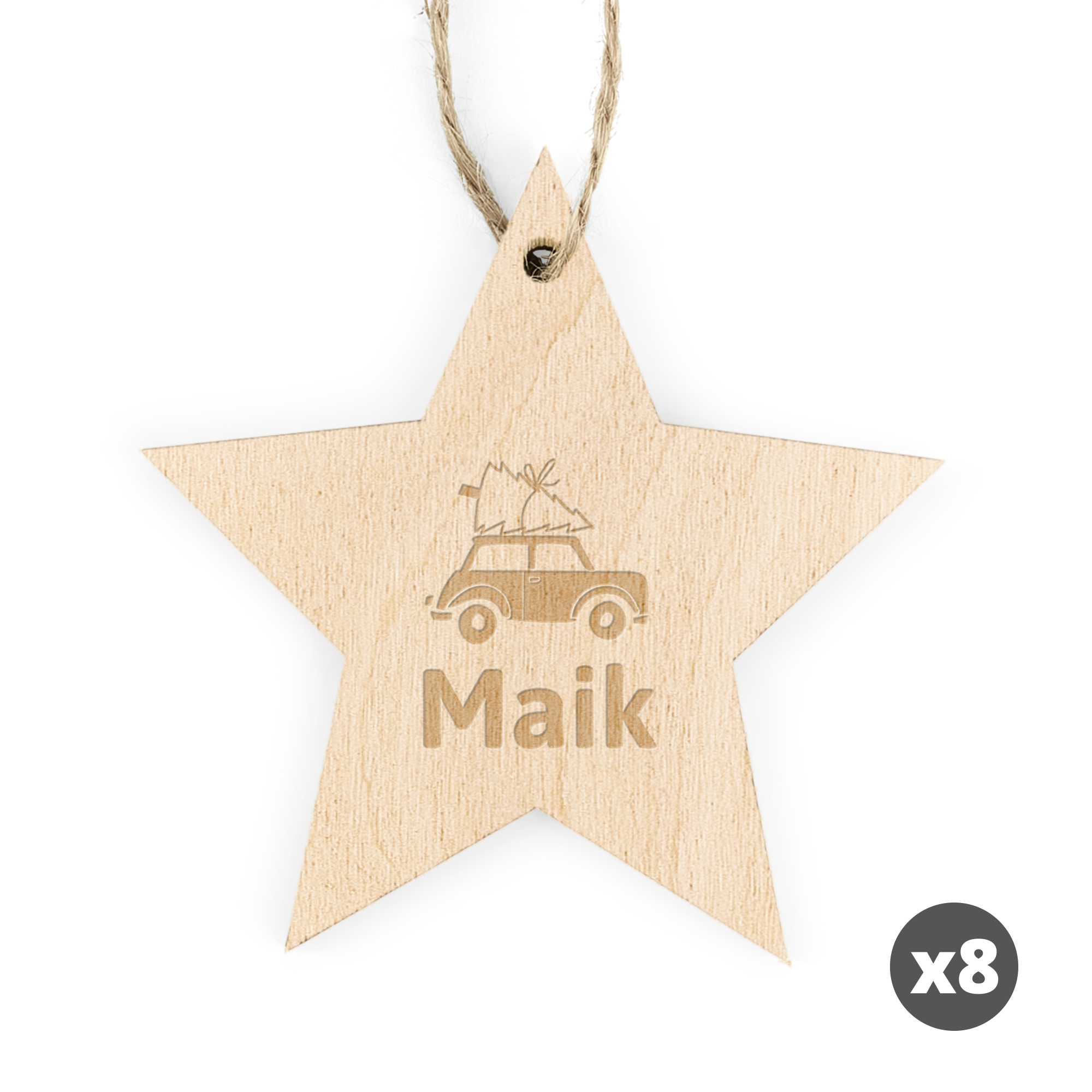 Personalisierter Holzstern mit Gravur, dem Namen Maik und einem Auto mit Weihnachtsbaum, ideal als Weihnachtsbaum Deko.