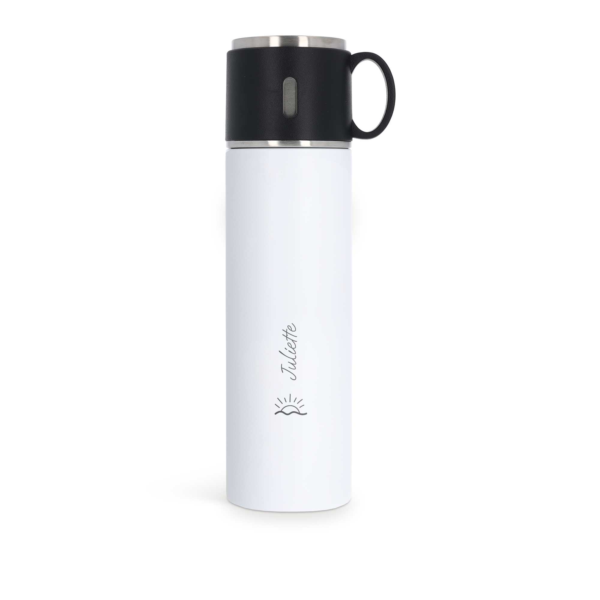 Thermos personnalisé blanc de 500 ml avec tasse noire, prénom Juliette et motif soleil imprimés