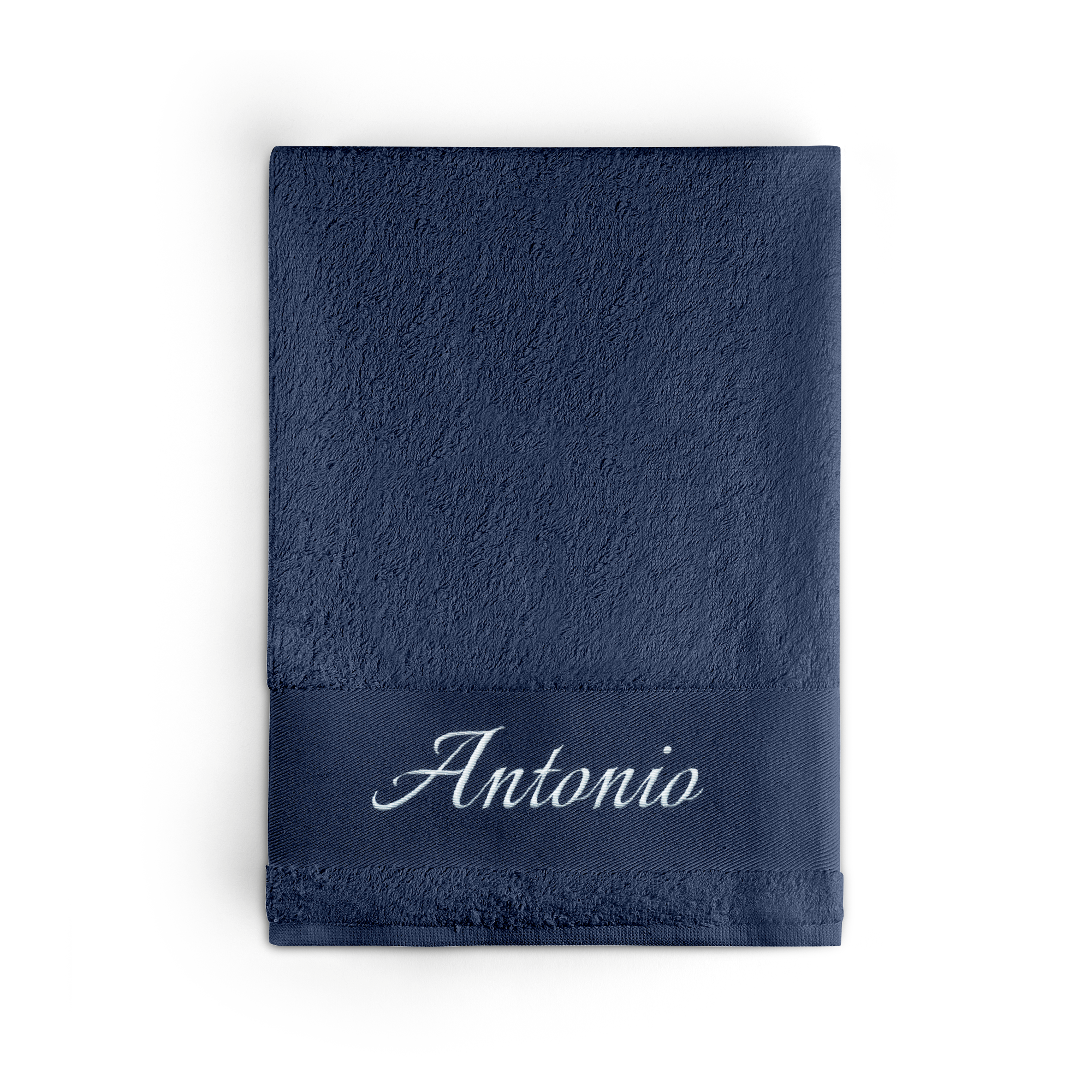 Toalla personalizada bordada en azul marino con el nombre Antonio en blanco para un toque único.