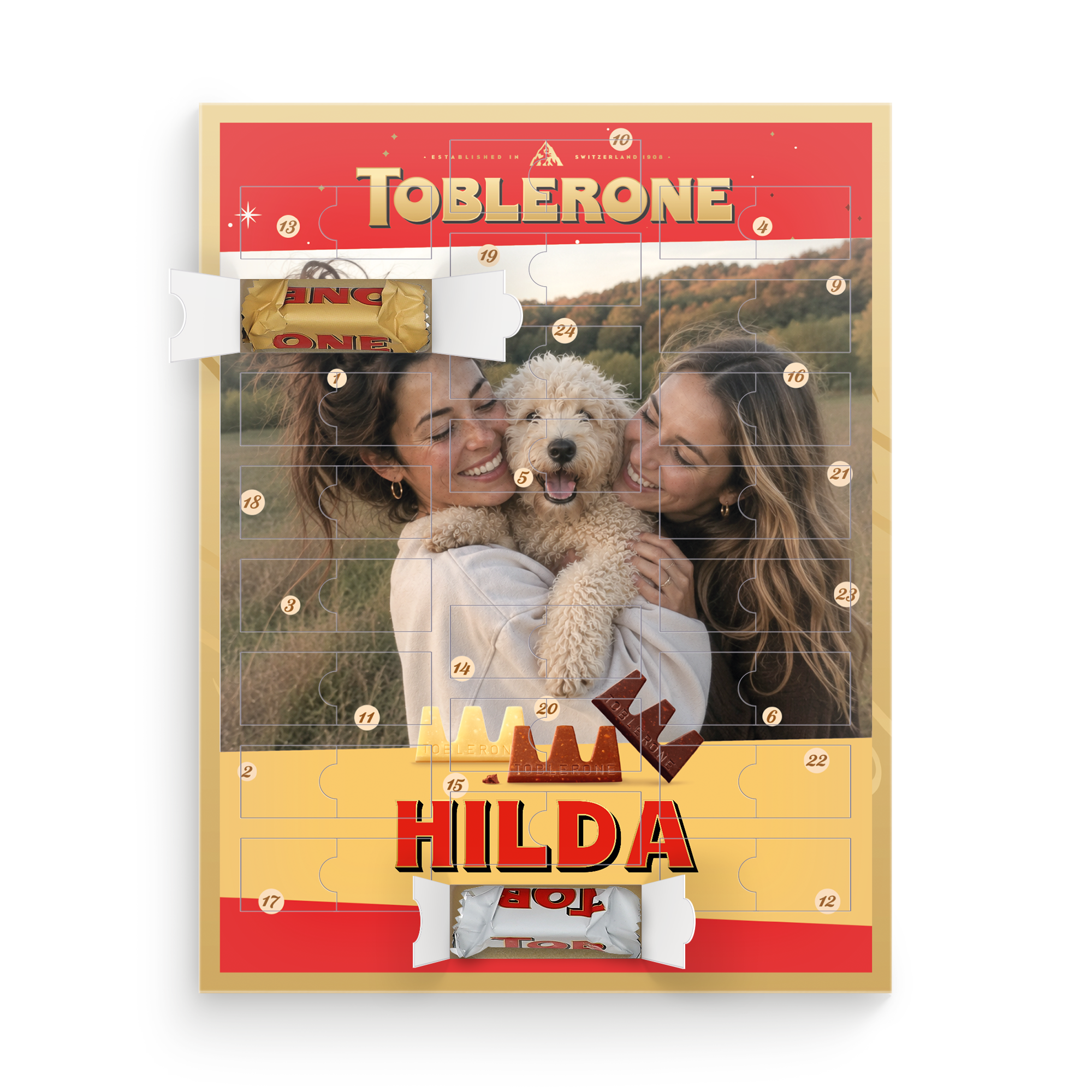 Personlig adventskalender - Varumärke Toblerone med eget foto och namnet "Hilda" tryckt, fylld med Toblerone-chokladbitar.