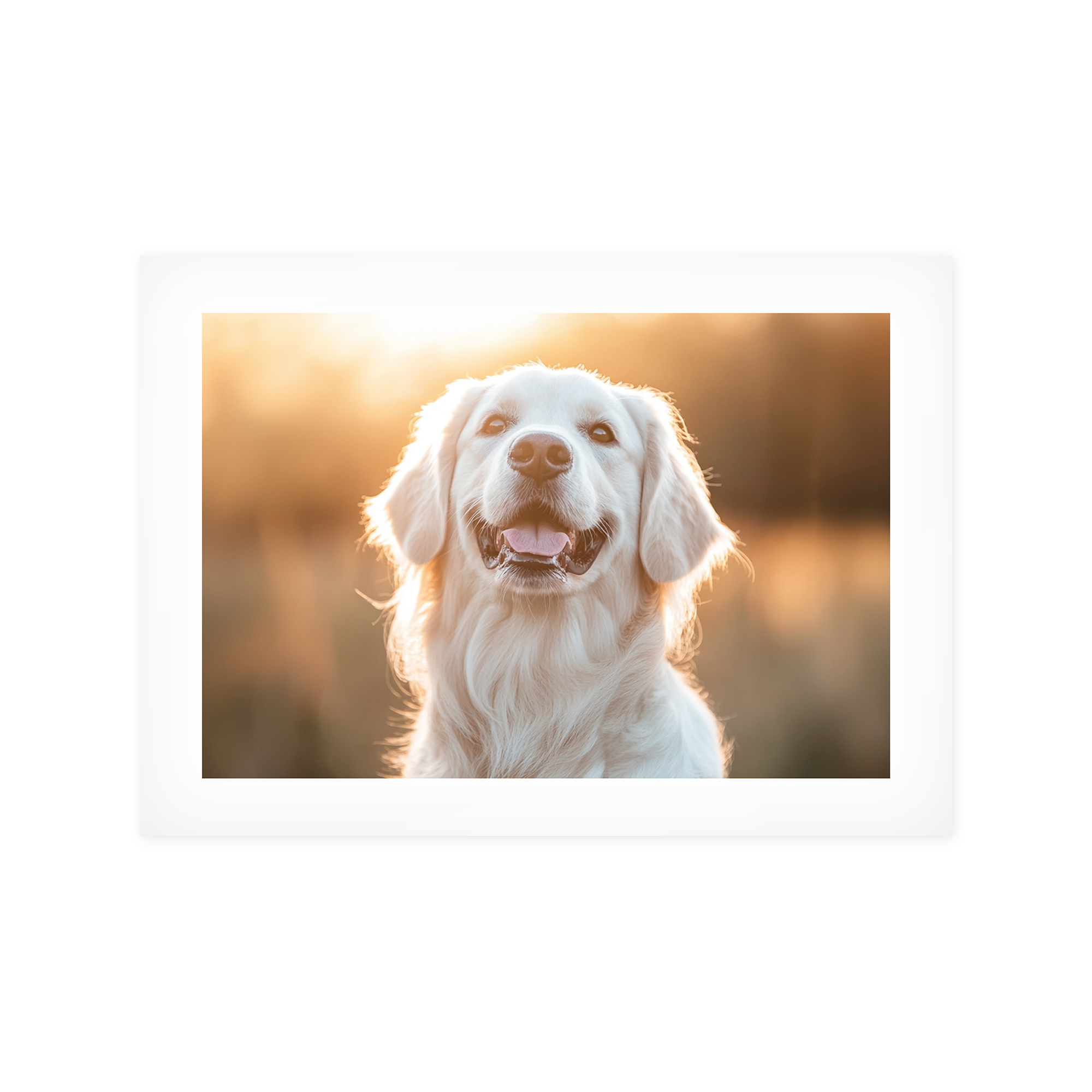 Personalisierbares Fotoposter mit einem fröhlichen Hund im Sonnenuntergang, gedruckt als einzigartige Erinnerung.