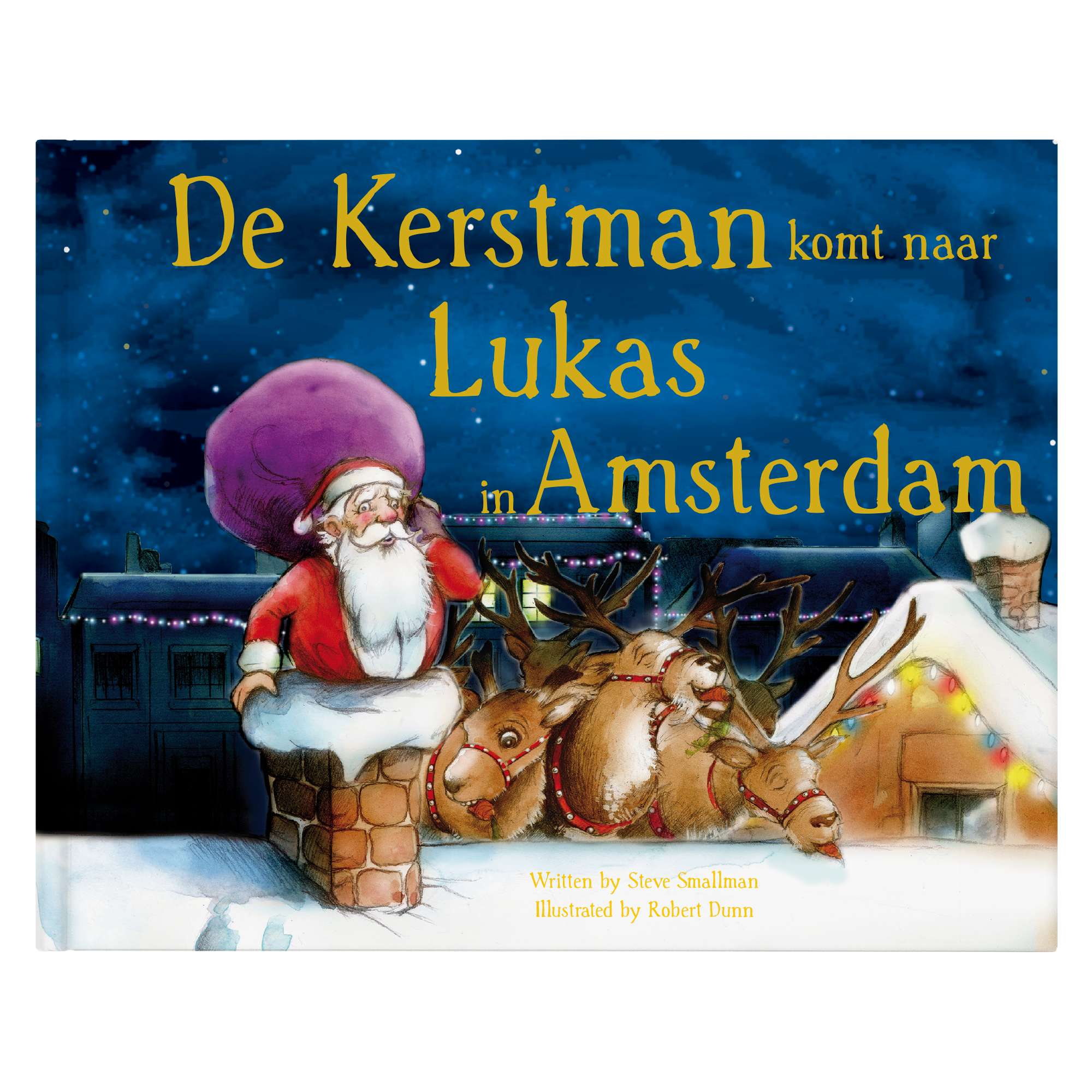 Boek met naam en foto - De kerstman komt - Hardcover met Kerstman, rendieren en gepersonaliseerde naam en plaats.