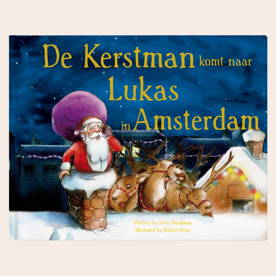 Gepersonaliseerd kerstboek "De kerstman komt" Boek met naam en foto - De kerstman komt - Hardcover met Kerstman, rendieren en gepersonaliseerde naam en plaats.