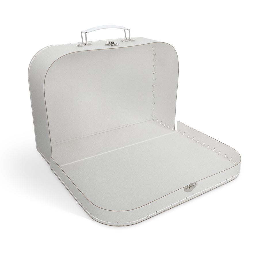 Valigetta per bambini Valigia porta-giocattoli aperta in cartone bianco personalizzabile con testo stampato