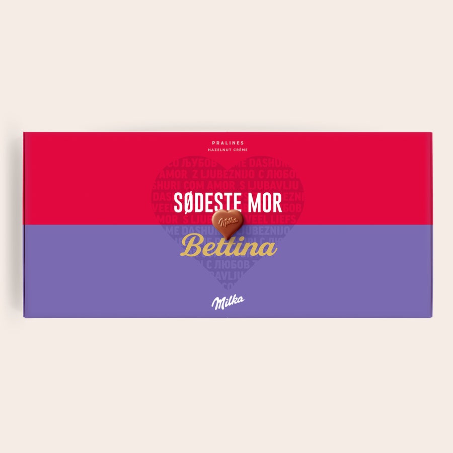 Milka Pralines Love Sig det med en Milka chokolade gaveæske med navnet Bettina, teksten Sødeste Mor og et Milka hjerte.