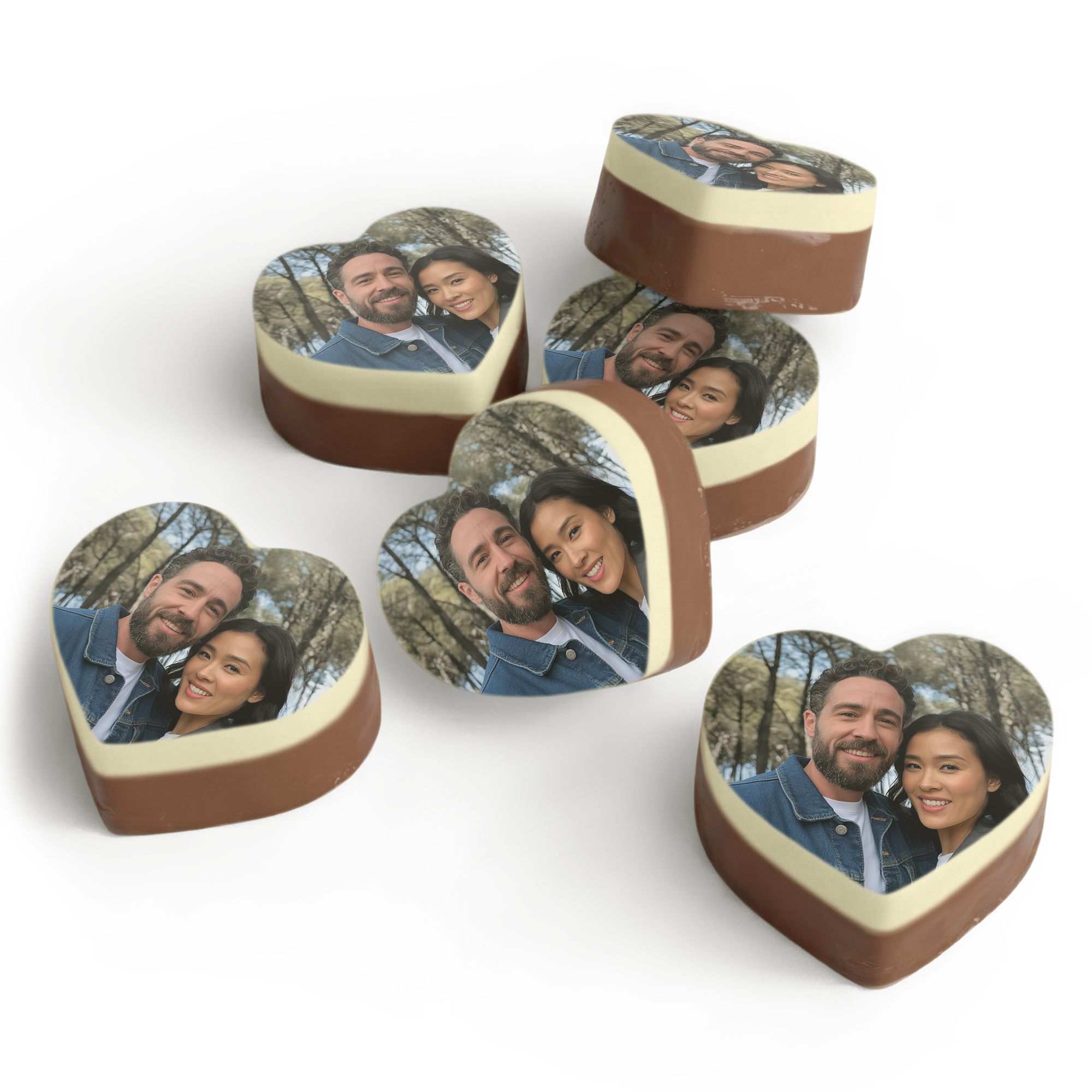 Bombones corazón con foto - Sólidos de chocolate con foto impresa de una pareja sonriendo