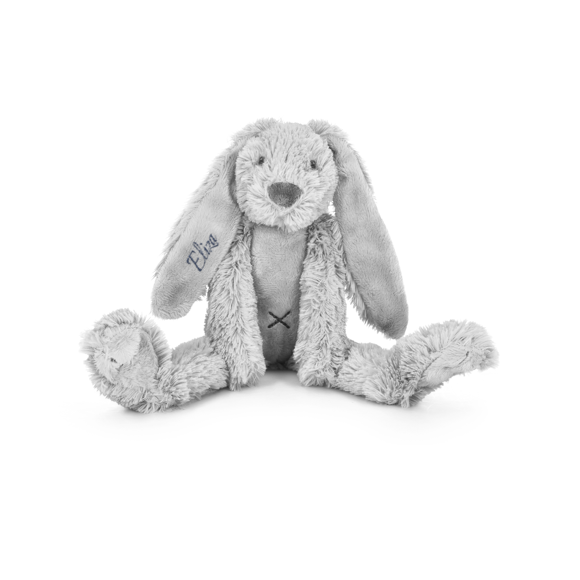 Jucărie Tiny Rabbit Richie gri, pufoasă, cu numele Elisa brodat pe urechea dreaptă, oferind grăgăliri nesfârșite.
