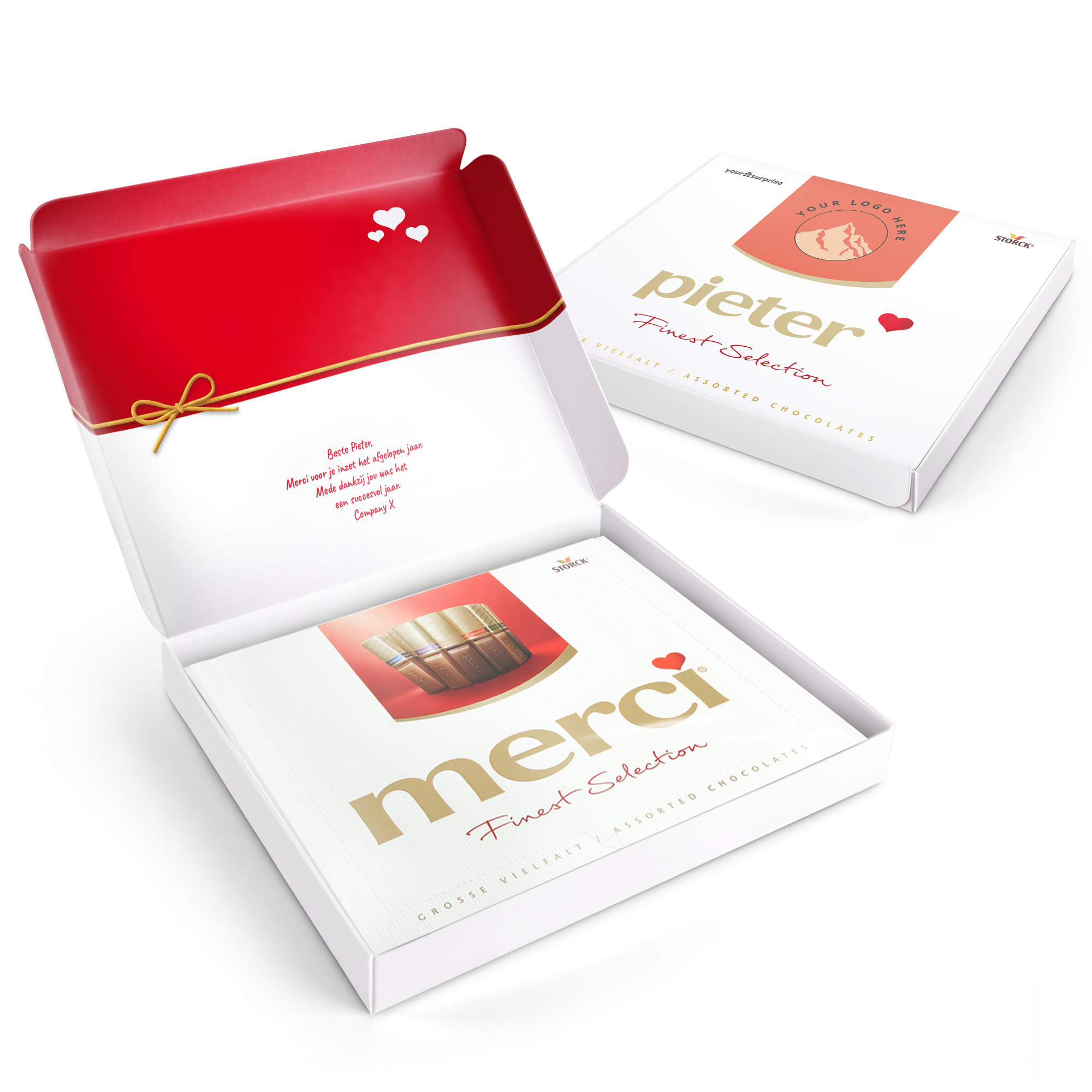Een persoonlijke bedrukte merci Finest Selection giftbox met de naam Pieter en een logo op de wikkel, plus een persoonlijke boodschap en hartjes aan de binnenkant van de doos.