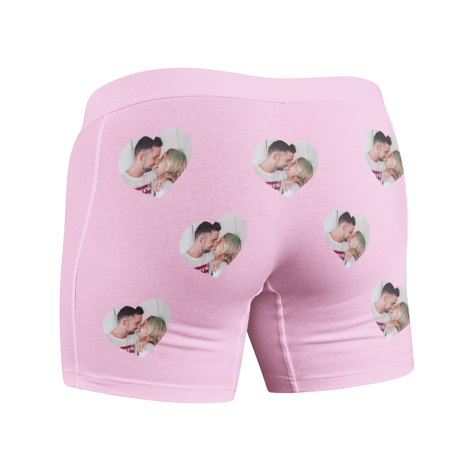 Light pink personalized boxer short with photo printed in heart shapes, a unique boxer short for a loved one.