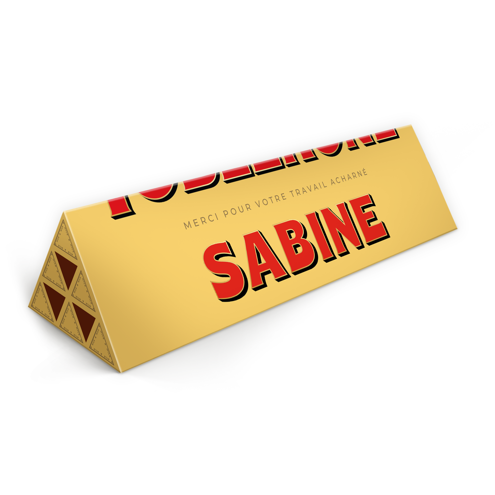 Toblerone personnalisé - 1800 g avec emballage imprimé du message Merci pour votre travail acharné et du nom Sabine