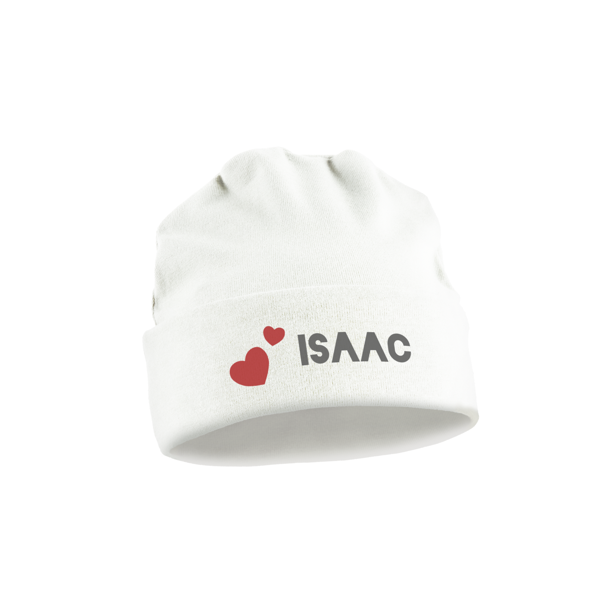 Chapéu de bebê branco personalizado com o nome ISAAC e corações vermelhos impressos
