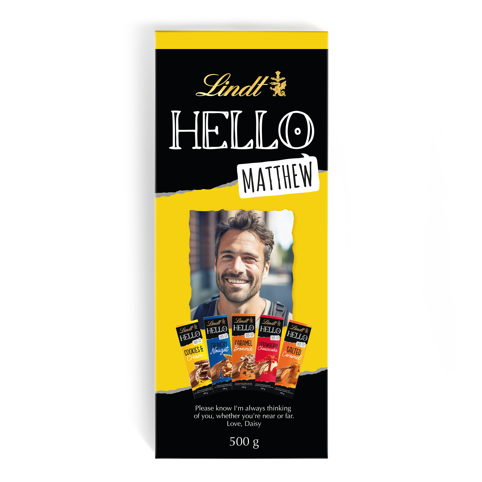 Ambalaj negru și galben pentru baton de ciocolată XL Lindt Hello, personalizat cu o fotografie și numele Matthew, plus un mesaj imprimat.
