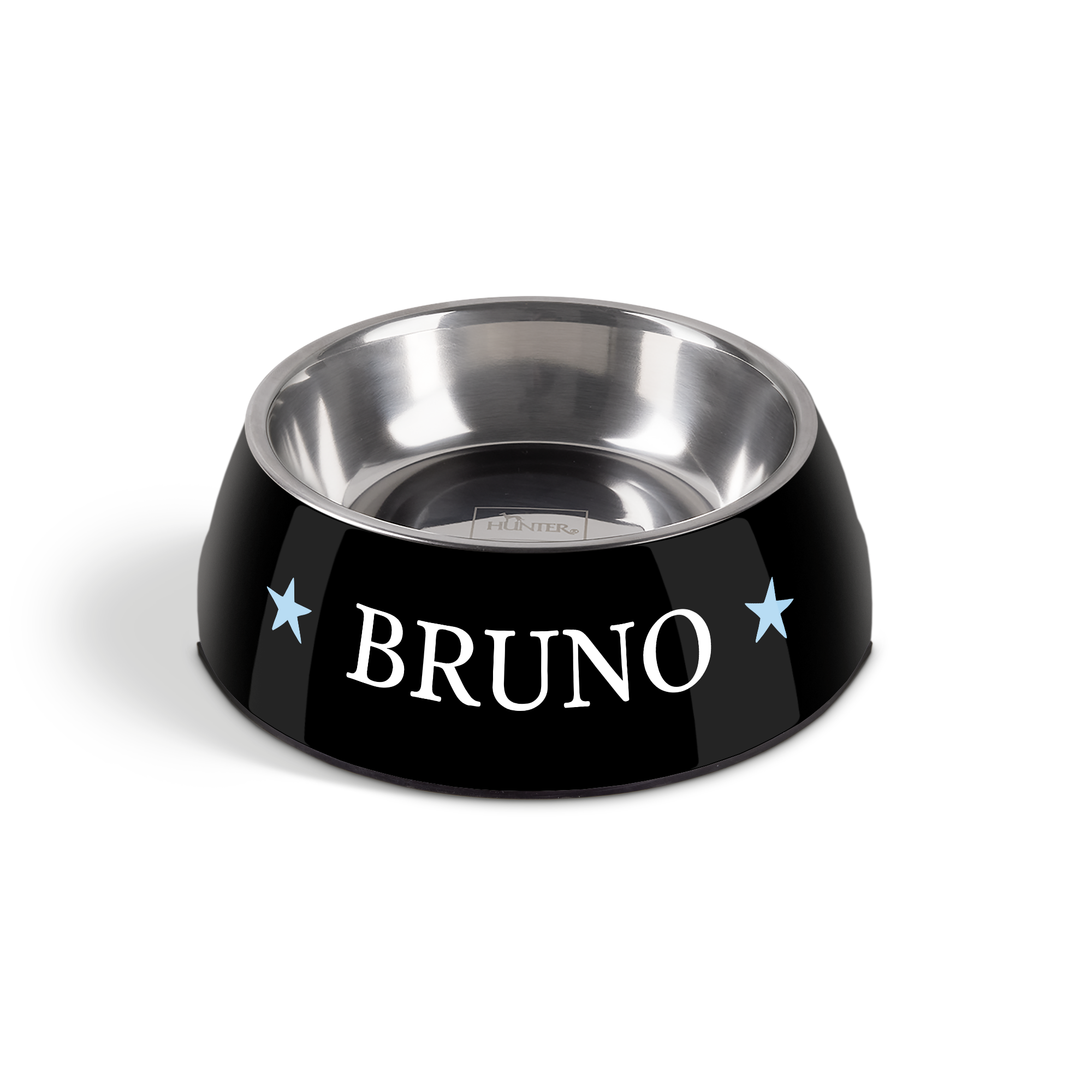 Schwarzer Hundenapf mit Namen Bruno und Sternchen, personalisiert mit gedrucktem Namen.