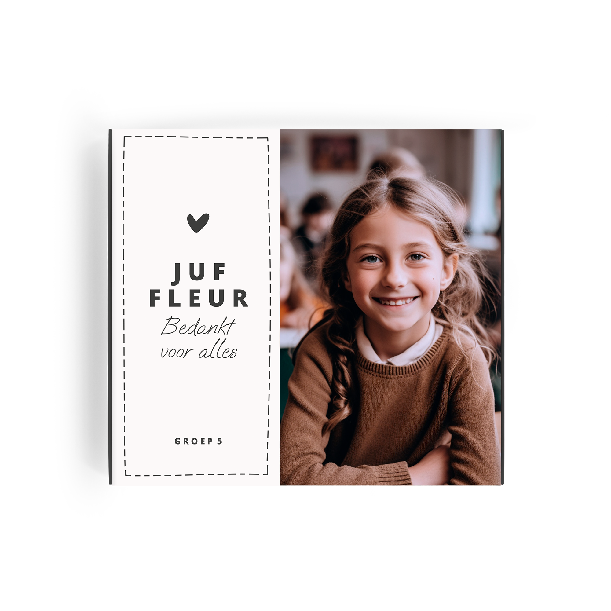 Bedrukte Milka giftbox met foto van lachend meisje en tekst "Juf Fleur Bedankt voor alles Groep 5"