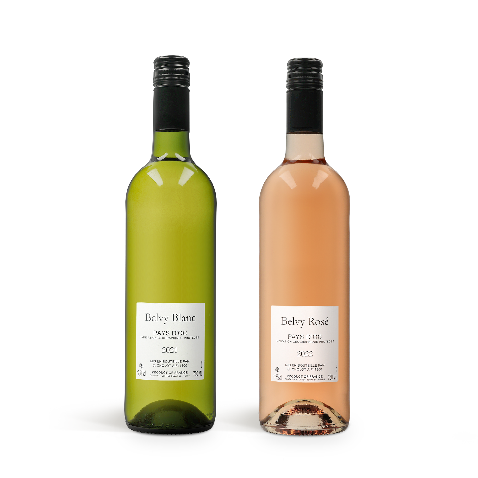 Twee Belvy wijnen, wit en rosé, in een gegraveerde wijnkist als persoonlijk cadeau voor een wijnpakket.