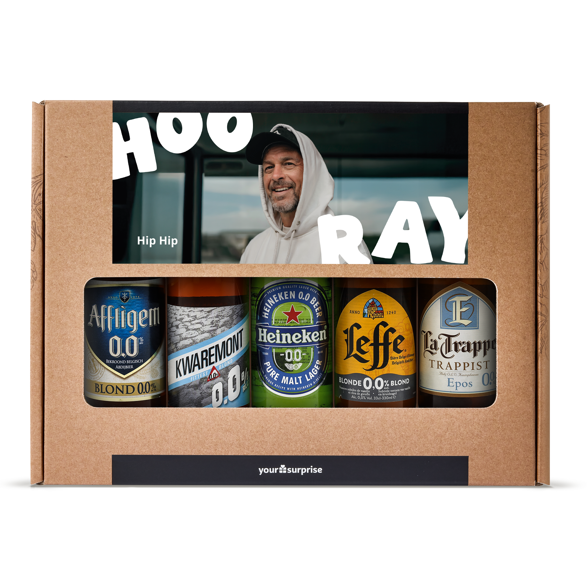 Personalized alcohol-free beer gift set with a man's photo and Hip Hip Ray printed on the box, featuring five 0.0% beer cans.