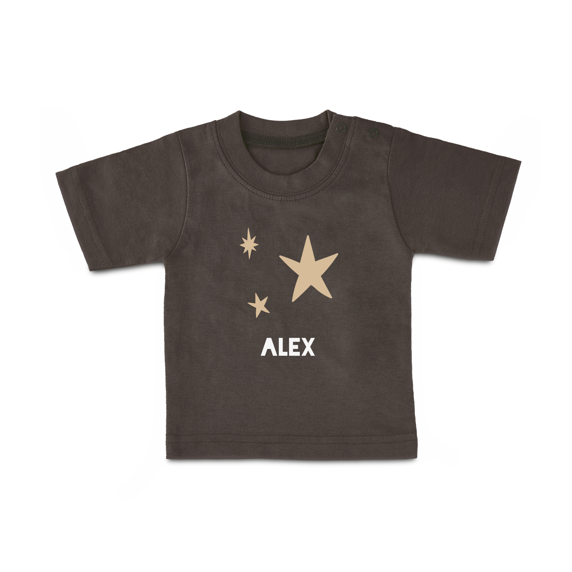 Camiseta de bebé gris con estampado de tres estrellas beige y el nombre ALEX impreso en blanco.