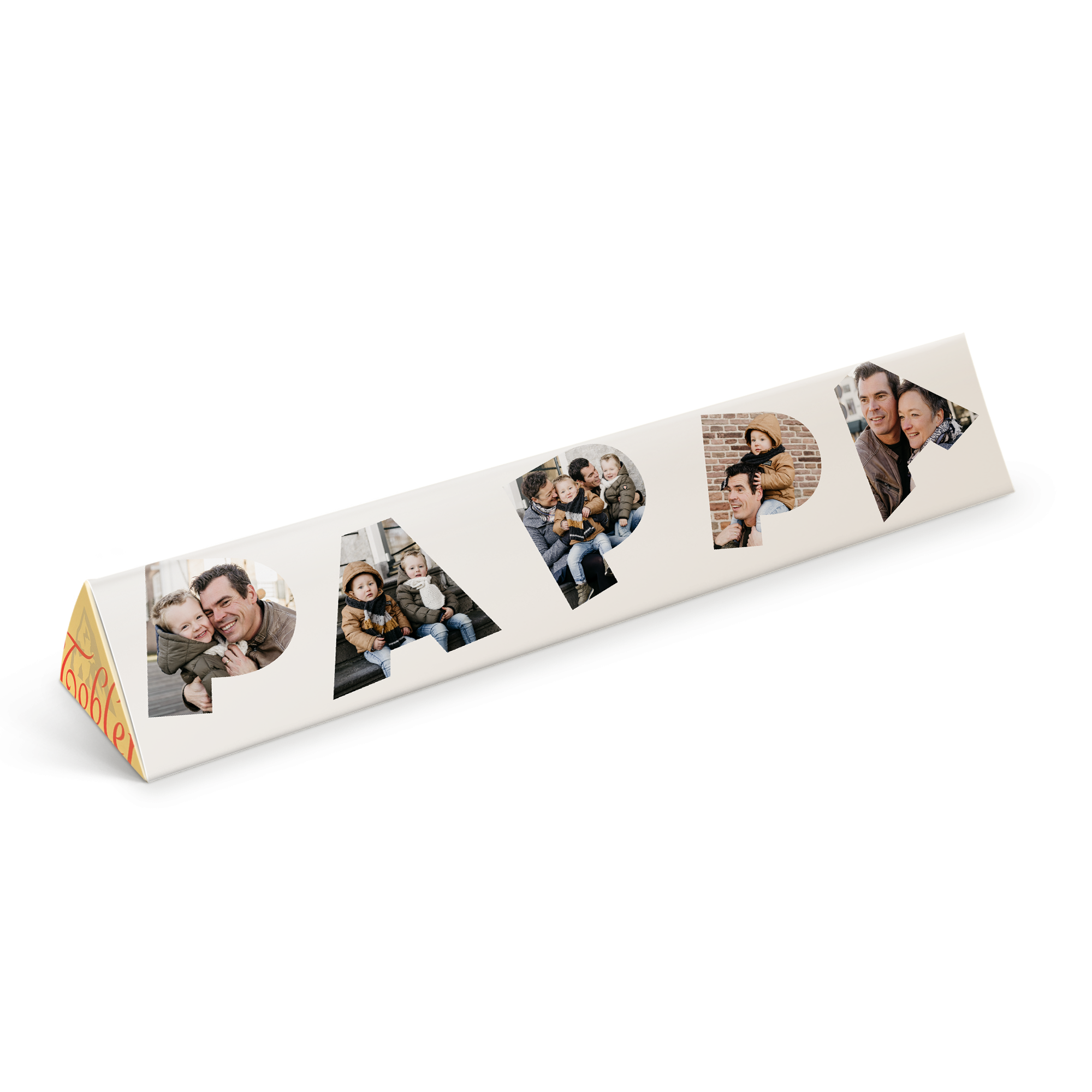 Den personlige tilpassede Toblerone-sjokoladen med trykte bilder som staver PAPI og egen tekst