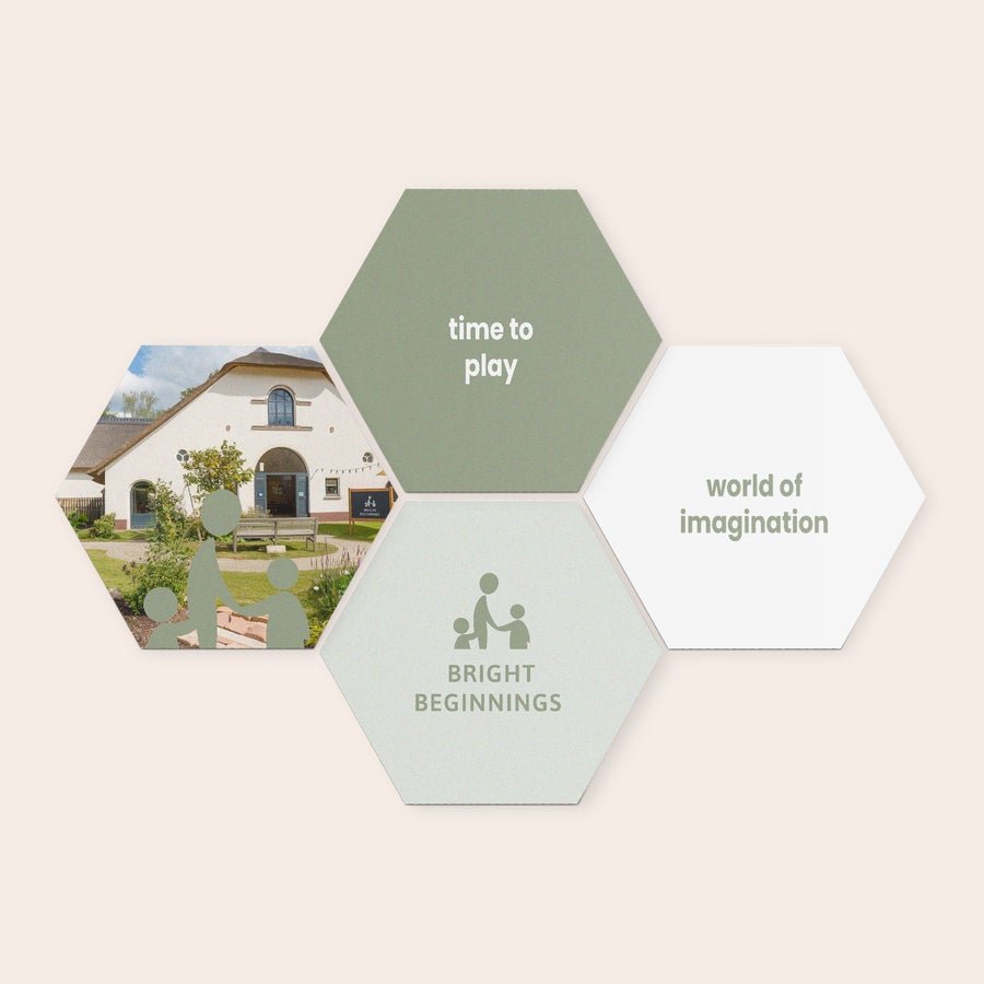 Personlig Billedvæg Sæt af sekskantede trævægkunstpaneler med dit design og en hvid bygning med stråtag