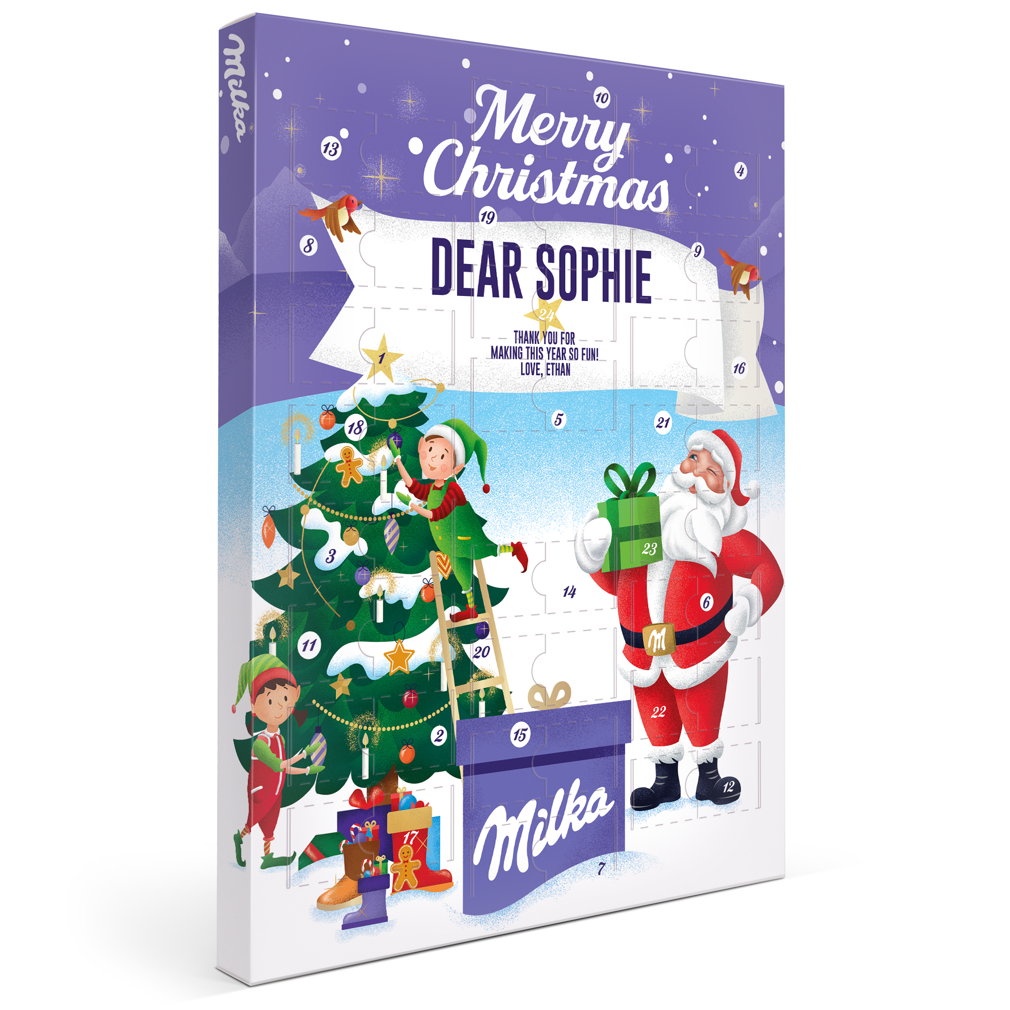 Personalized advent calendar with Santa and elves, printed with "Merry Christmas DEAR SOPHIE" to count down to Christmas.