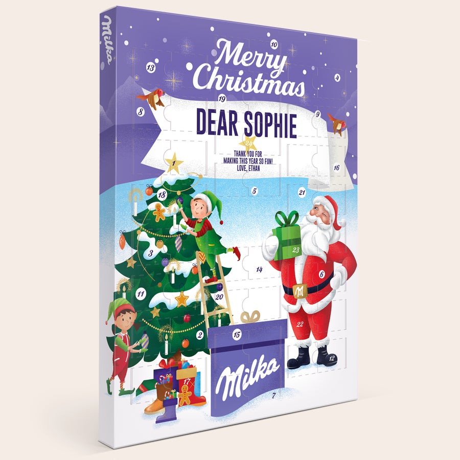 Personalizowany kalendarz Adwentowy Milka Favourites Spersonalizowany kalendarz adwentowy z imieniem Sophie i tekstem Merry Christmas odliczaj dni do świąt Bożego Narodzenia