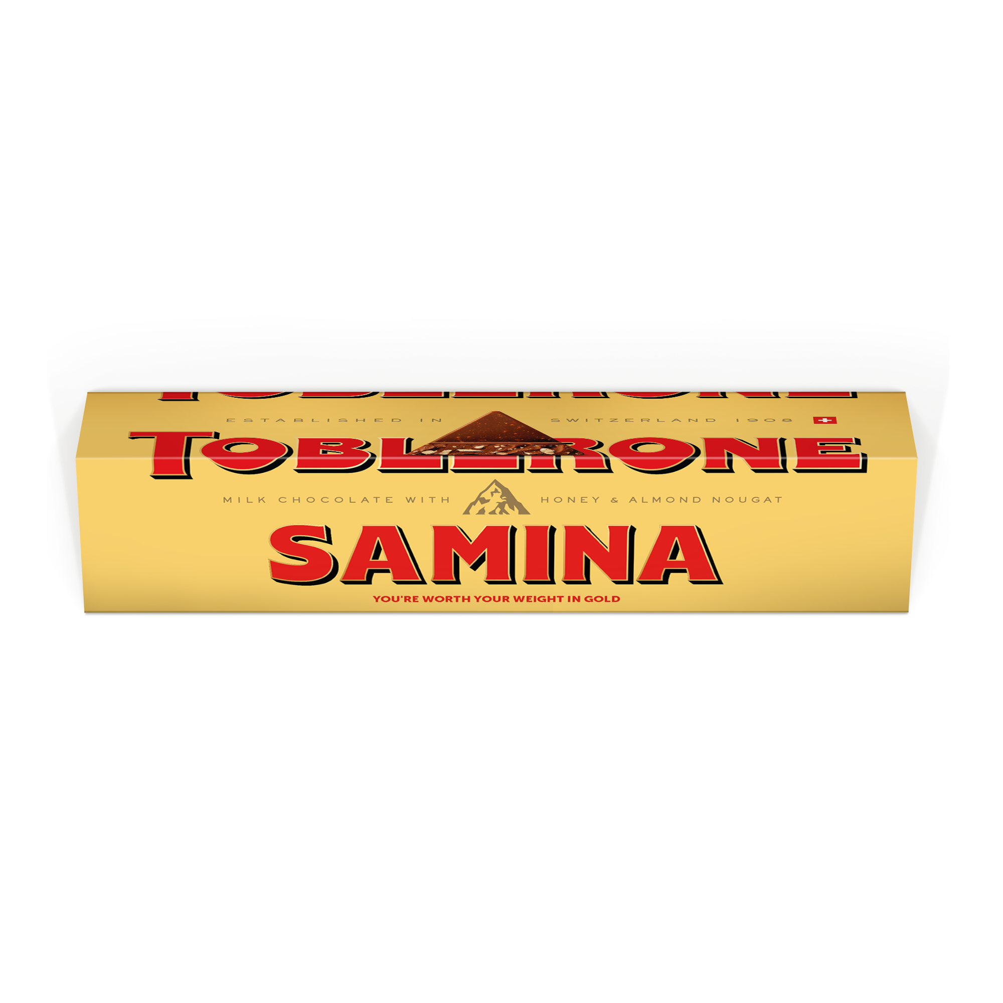 Baton Toblerone personalizat - 1800 grame, cu mesaj imprimat "Samina" și text suplimentar "You're worth your weight in gold" pe ambalajul galben.