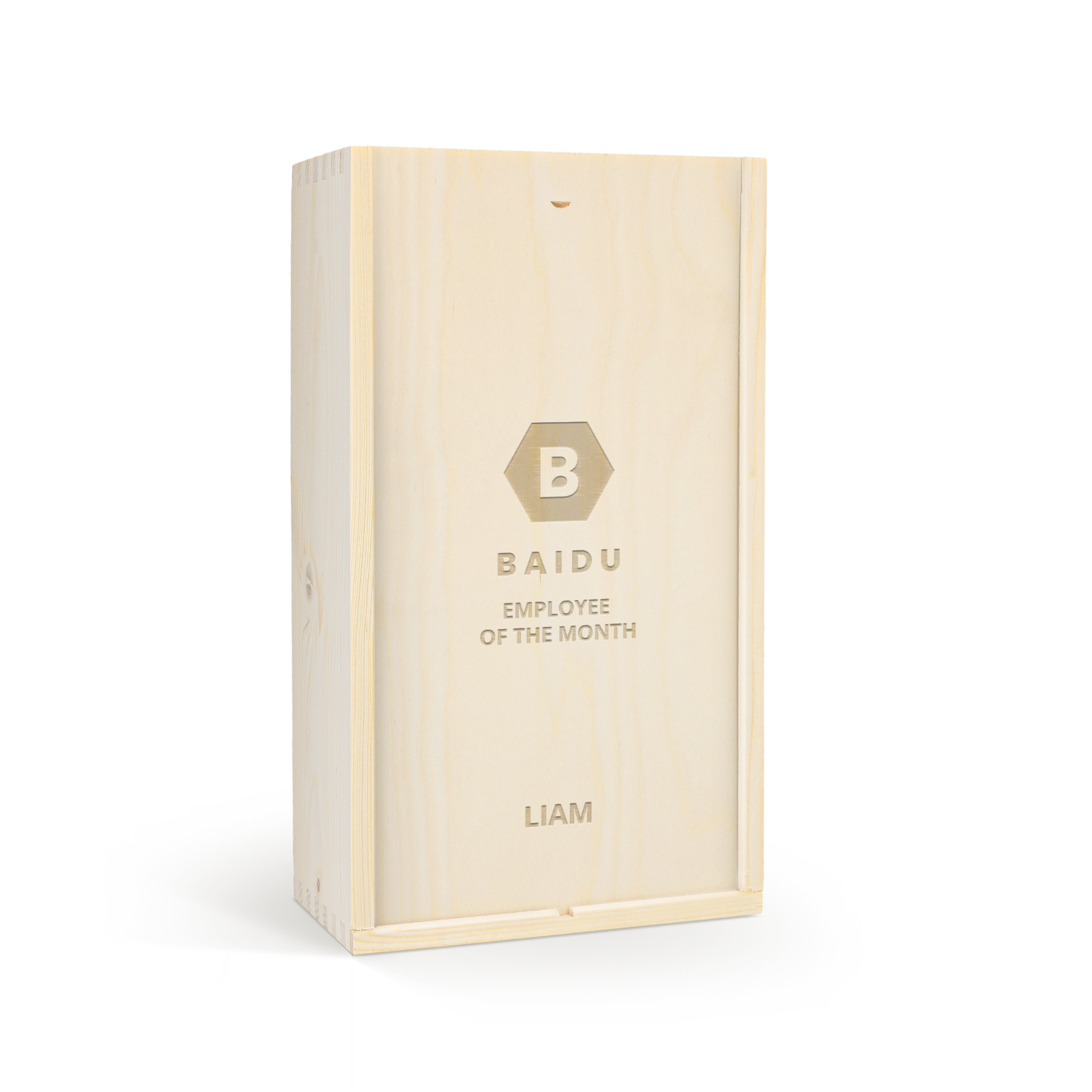 Coffret en bois personnalisé avec 2 bouteilles de Belvy, gravé "Baidu Employee of the Month Liam"