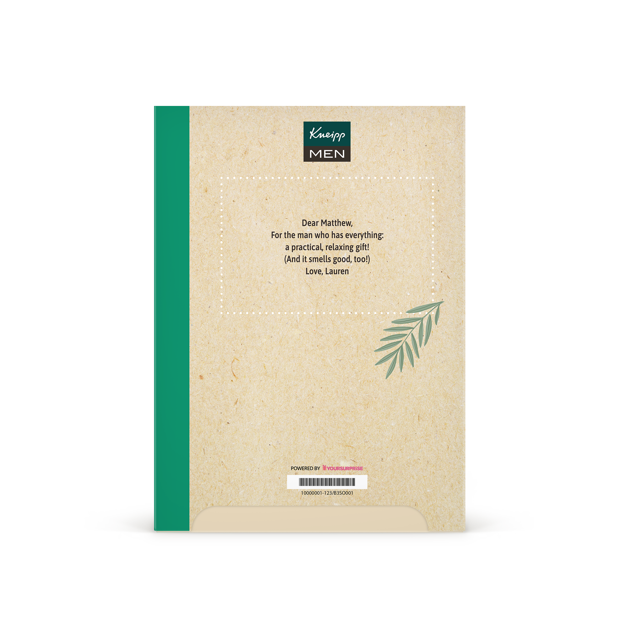 Conjunto de presente Kneipp personalizado para homens - design Kneipp com mensagem "Dear Matthew... Love, Lauren" impresso.