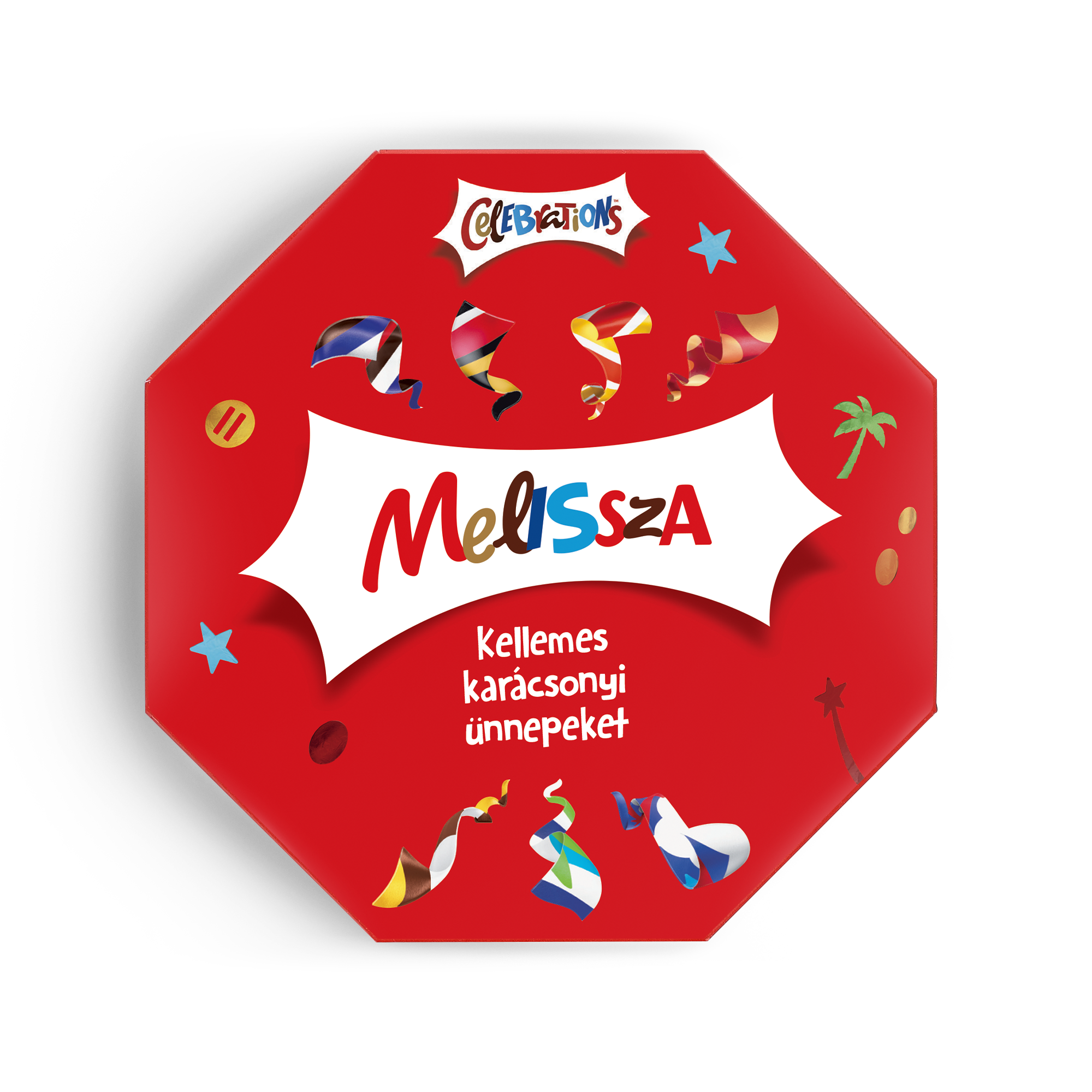 Ez a személyre szabott Celebrations doboz piros színű borítóval és karácsonyi üdvözlettel Melissának nyomtatva.