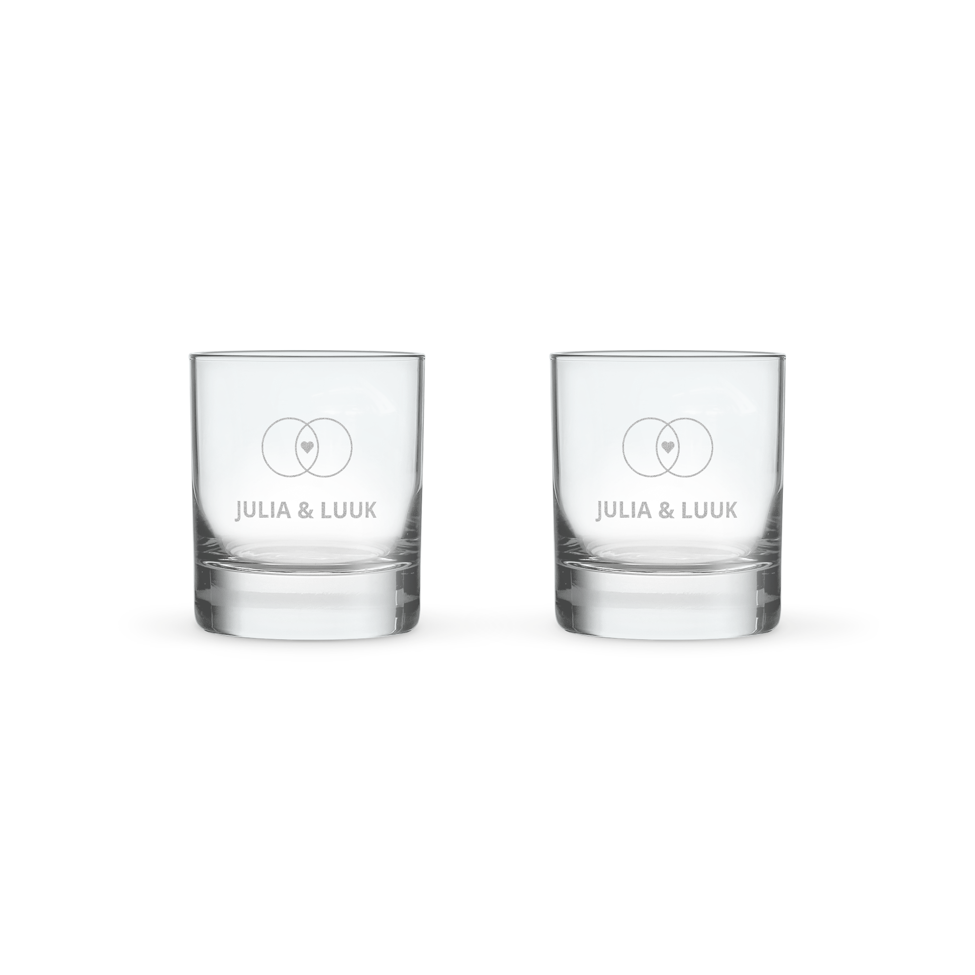 Twee gepersonaliseerde whisky glazen met gegraveerde namen Julia en Luuk, perfect als borrelcadeau.