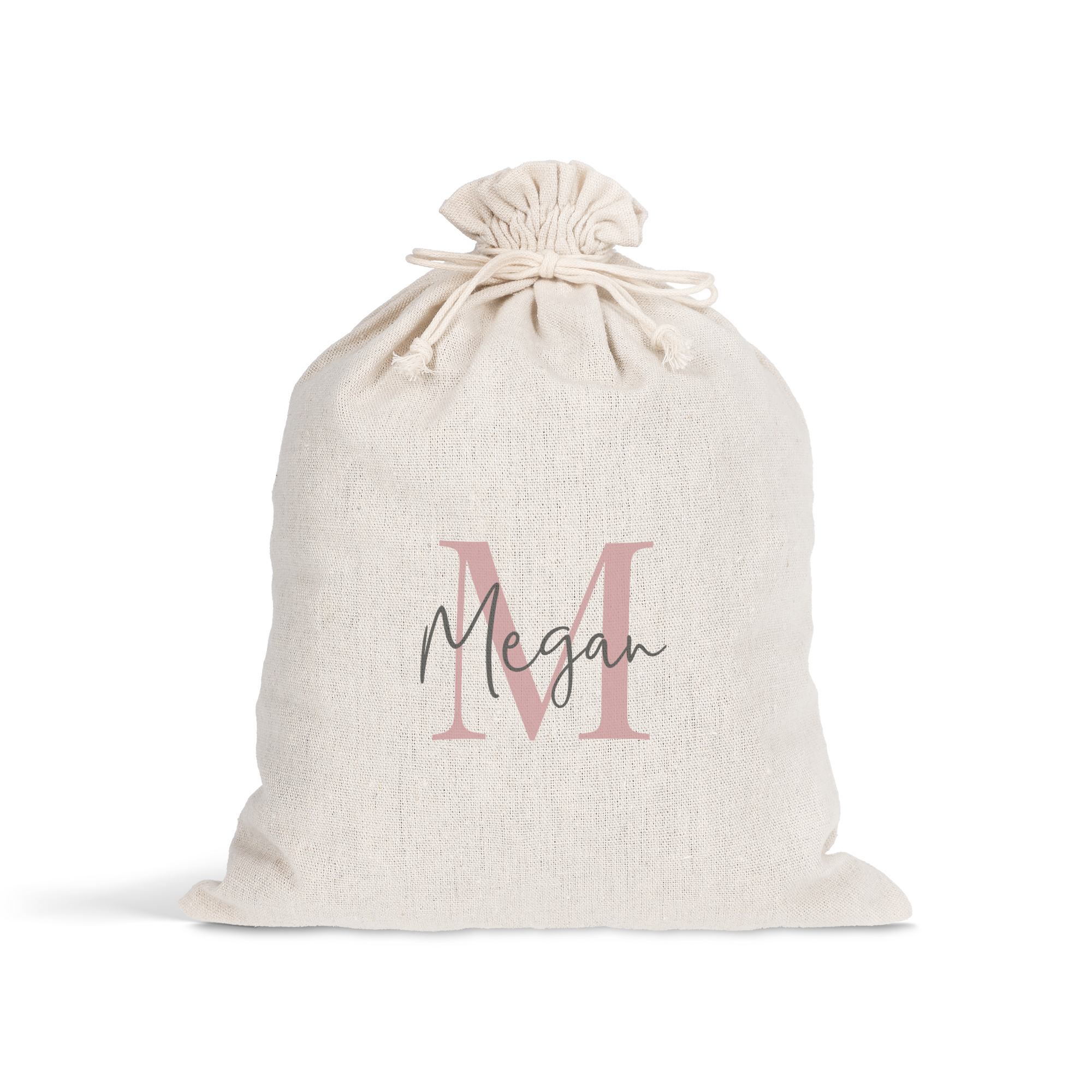 Bolsa de regalo de Pascua personalizada en algodón con nombre "Megan" y letra "M" en rosa, con cierre de cordón.