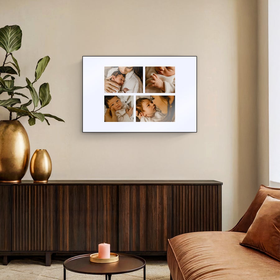 Foto op hout afdrukken ChromaLuxe houten fotopaneel met 4 persoonlijke foto's van een baby, geprint met eigen ontwerp.