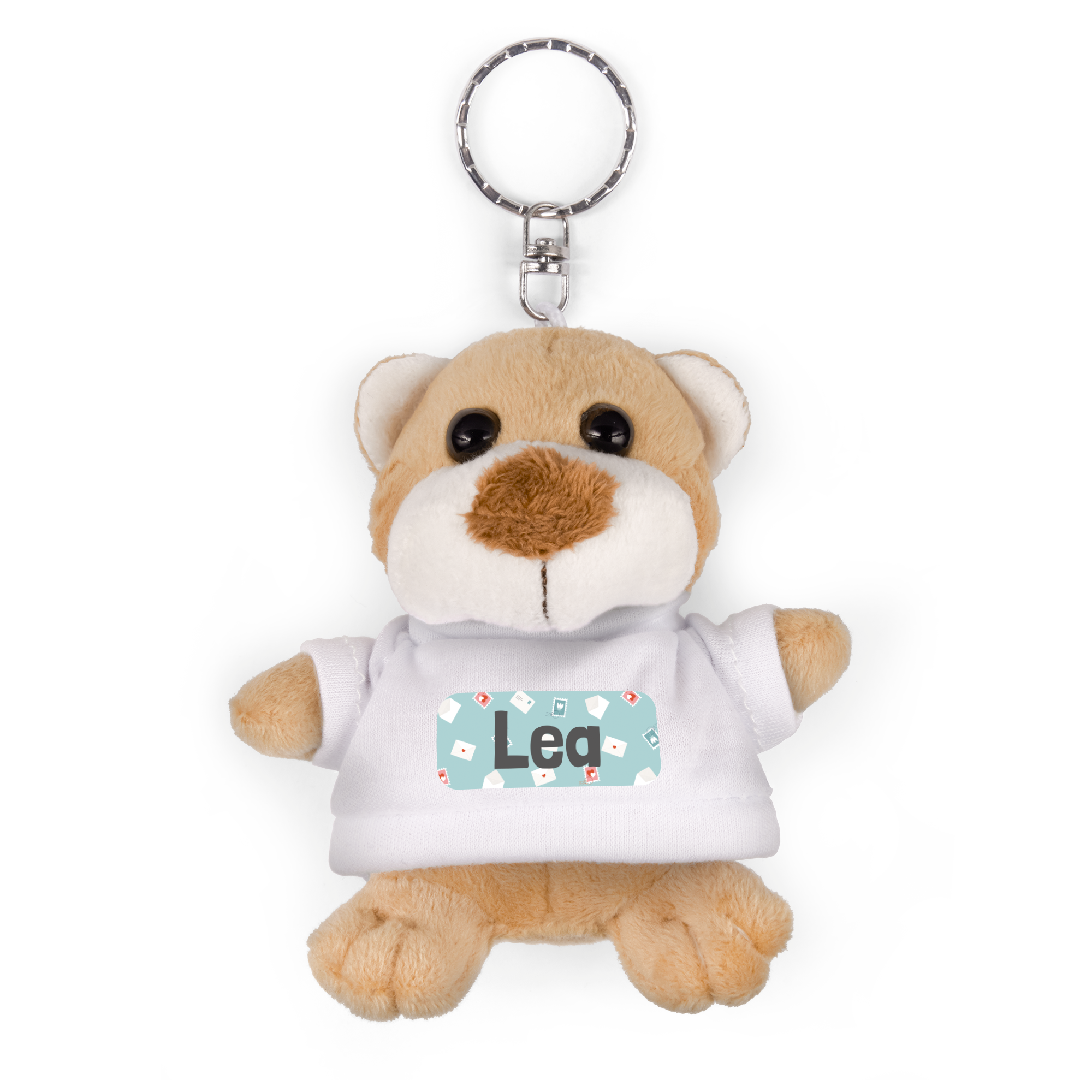 Personlig nallebjörn nyckelring med namnet "Lea" tryckt på en vit t-shirt, perfekt för att hålla reda på nycklarna.