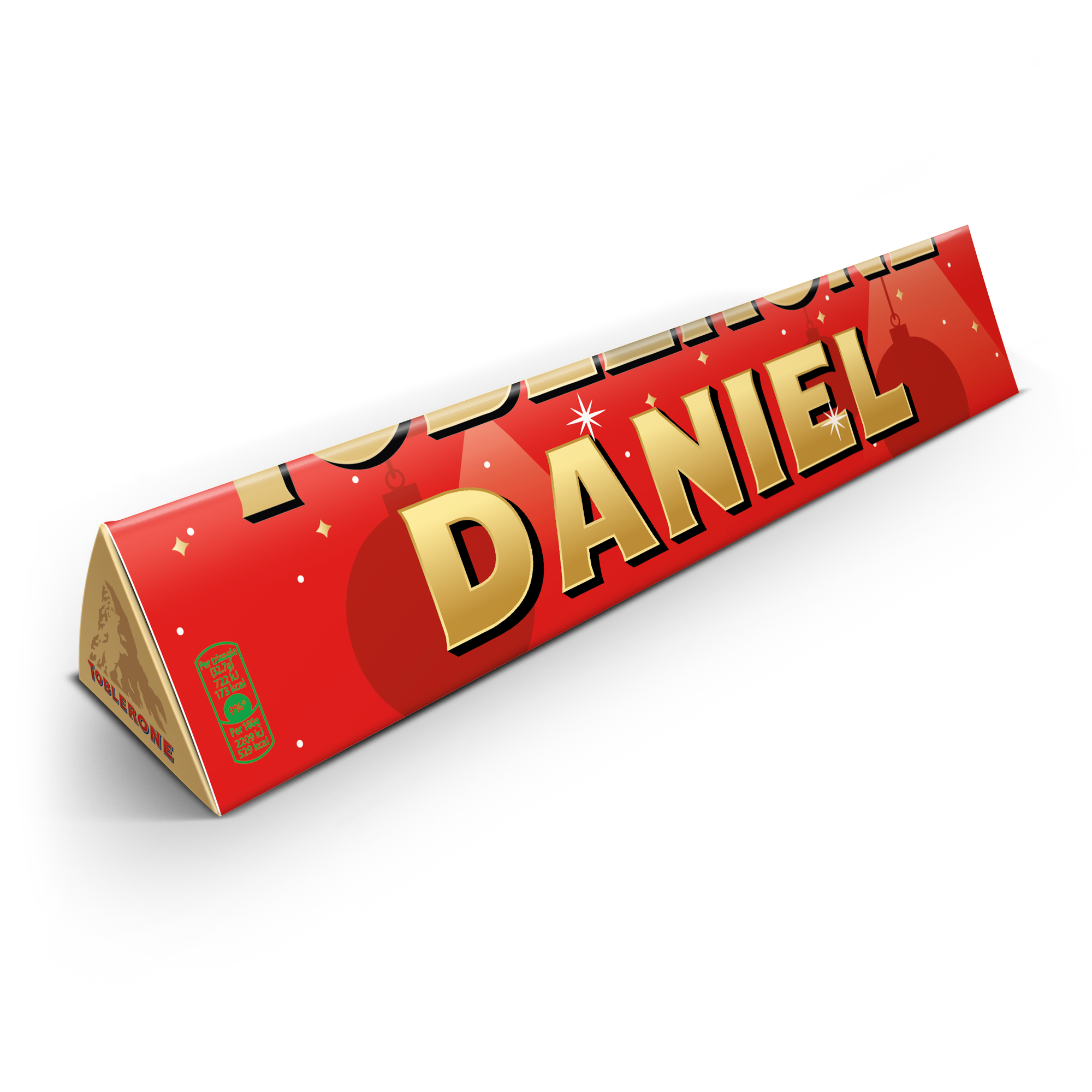 Ciocolată Toblerone de Crăciun personalizată cu numele DANIEL, imprimată pe ambalaj.