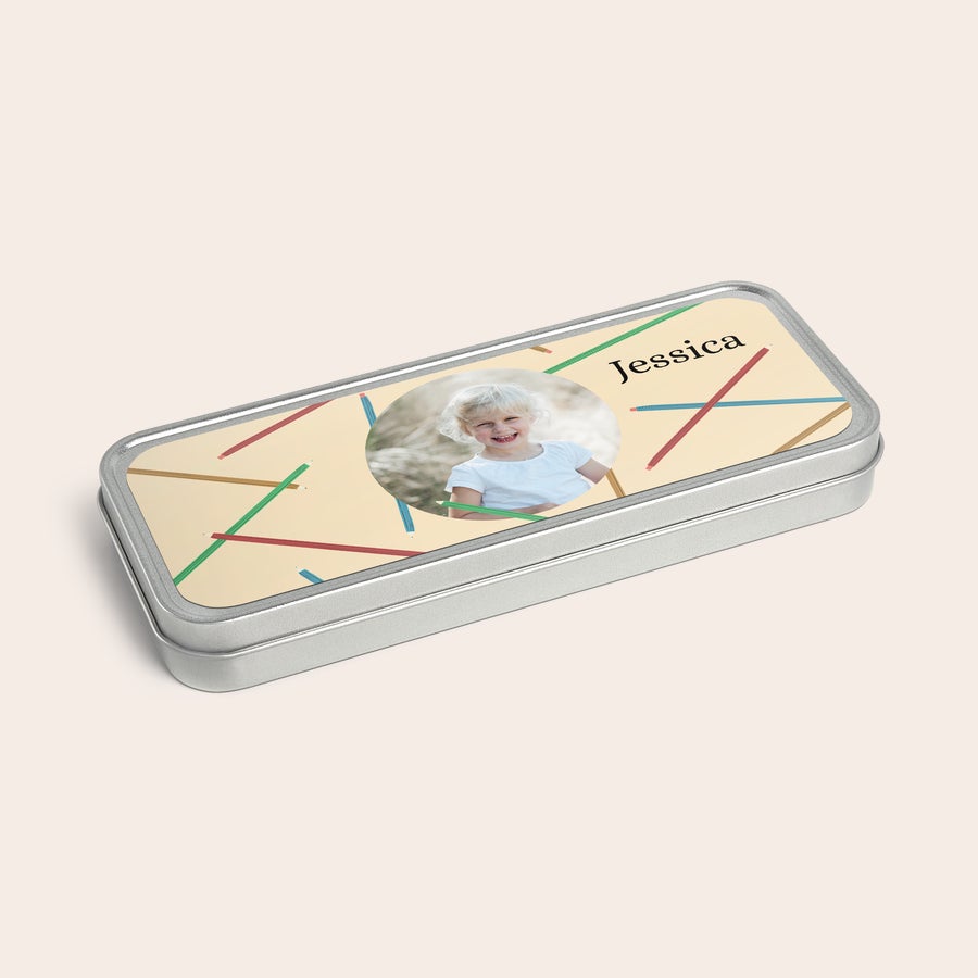 Estuche personalizado Estuche personalizado de metal con foto de niña sonriendo y nombre Jessica impreso, organiza tus bolígrafos y lápices favoritos