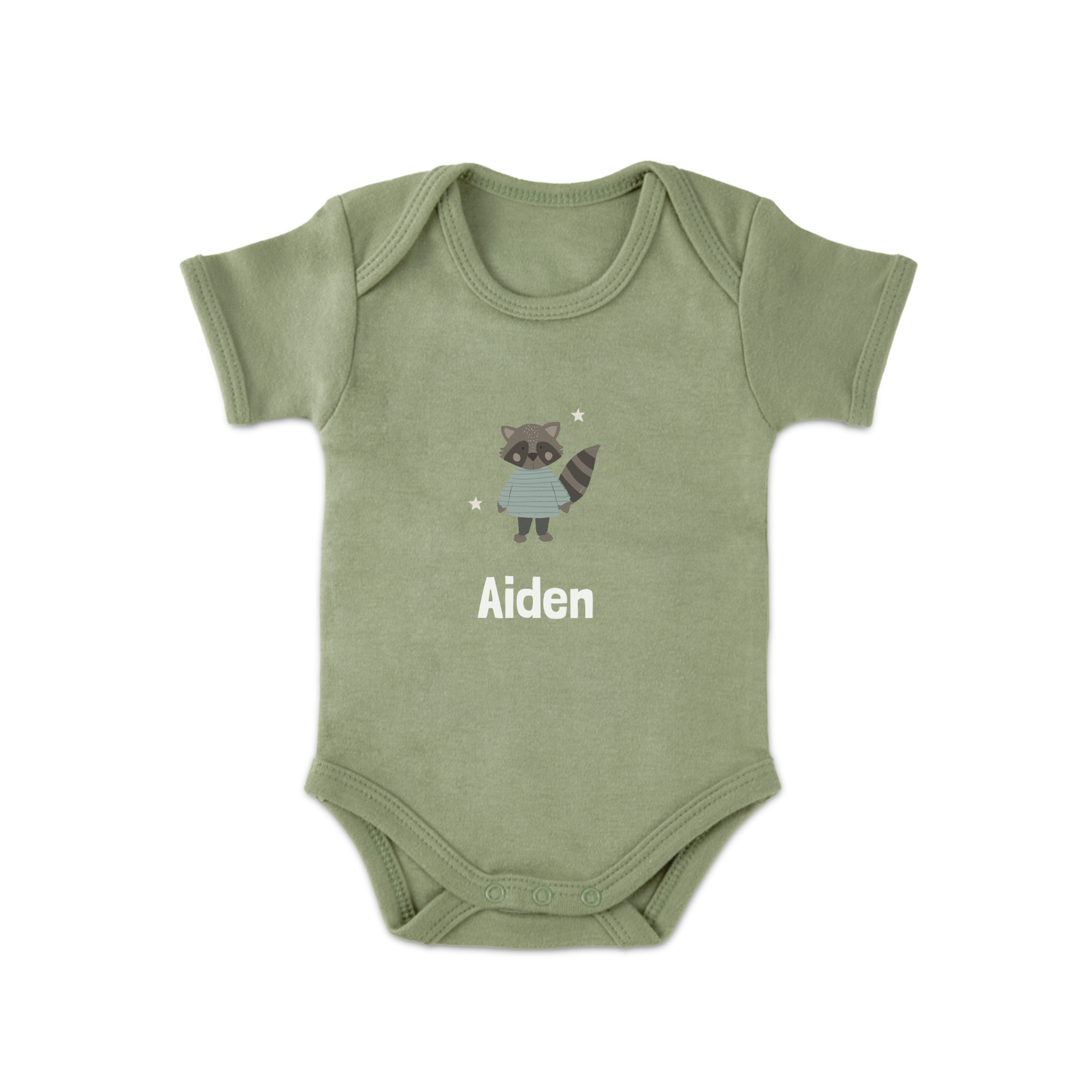 Body verde personalizado com guaxinim e nome Aiden, impresso para recém papás