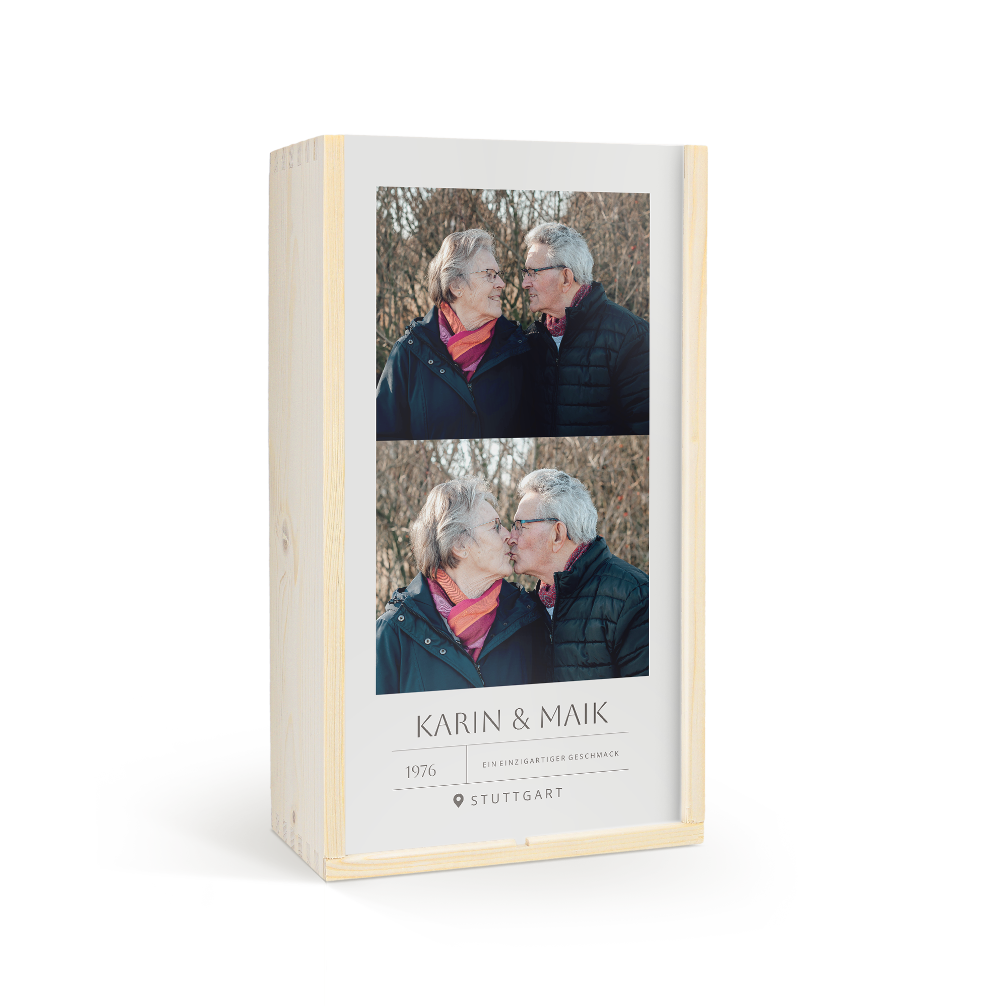 Wein Geschenkset Belvy in Holzkiste mit Foto von älterem Paar und Namen Karin & Maik bedruckt
