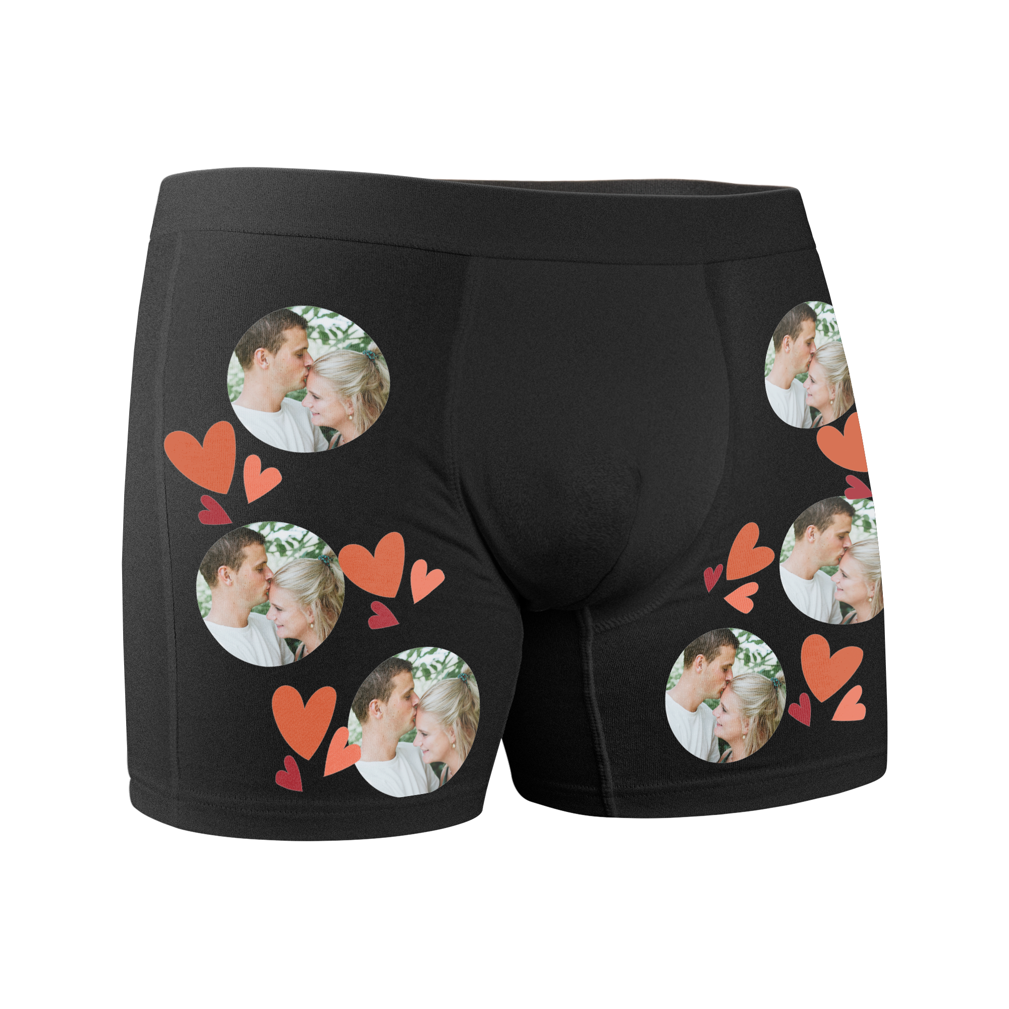 Svarta boxershorts för män med personligt foto och röda hjärtan, tryckta med flocktryck.