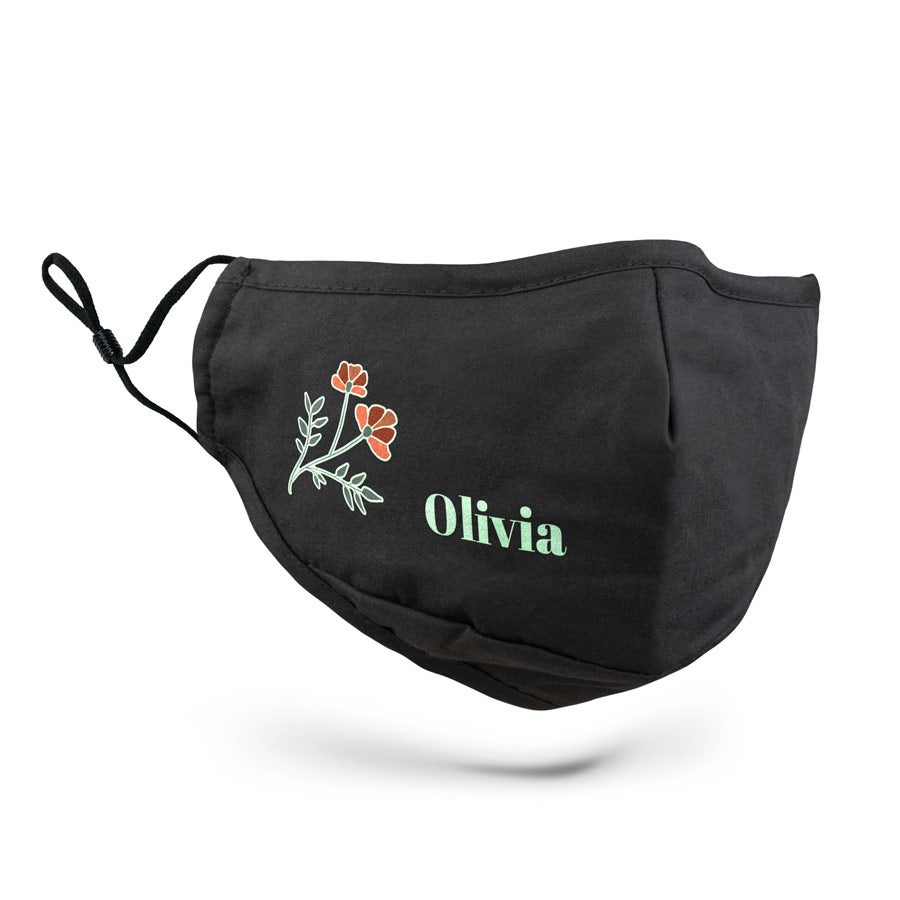 Personlig munnbind (ikke-medisinsk)en størrelse Personlig munnbind i svart med navn Olivia og blomstermotiv, trykt med eget design.