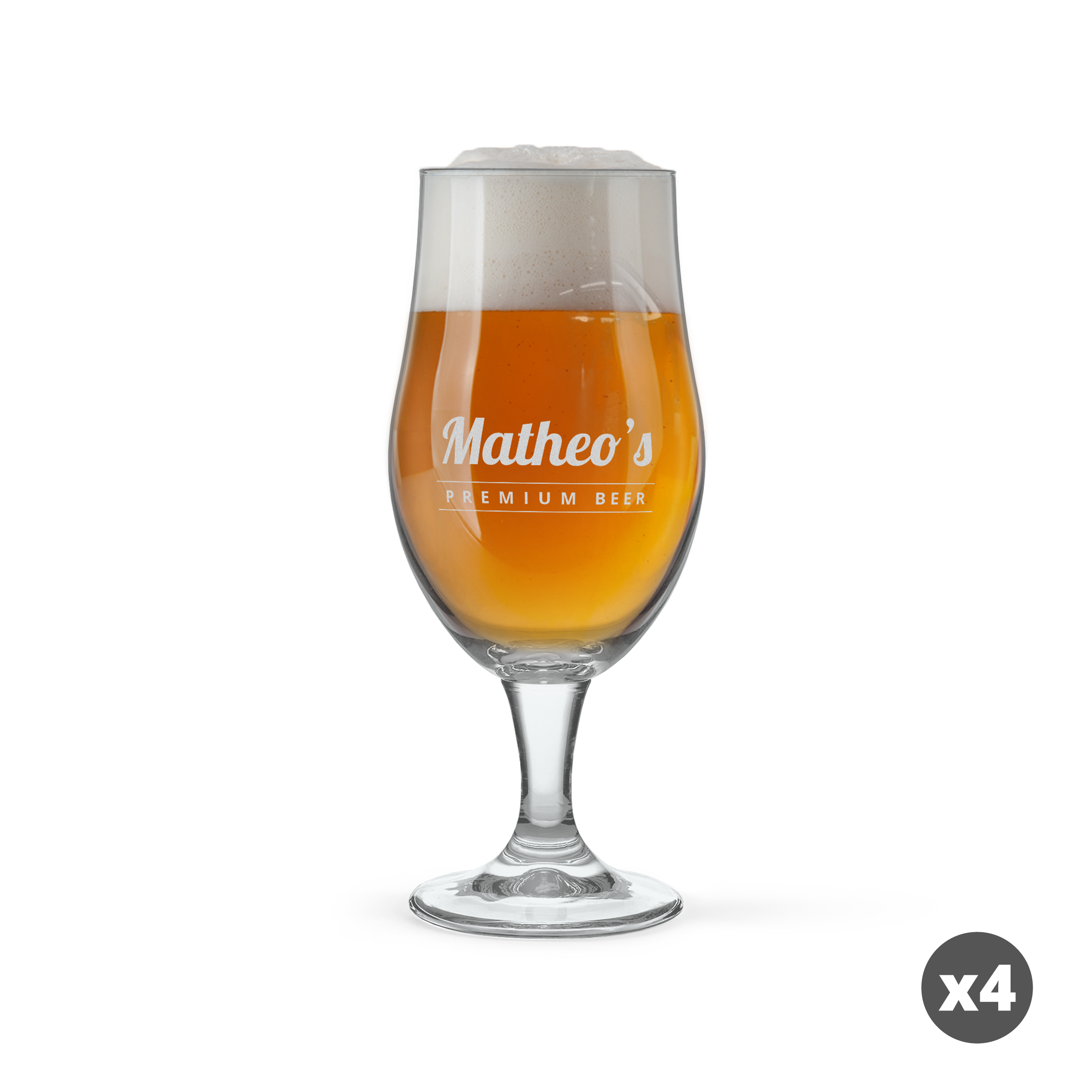Vaso de cerveza lleno, grabado con "Matheo's Premium Beer", un set de vasos de cerveza grabado.