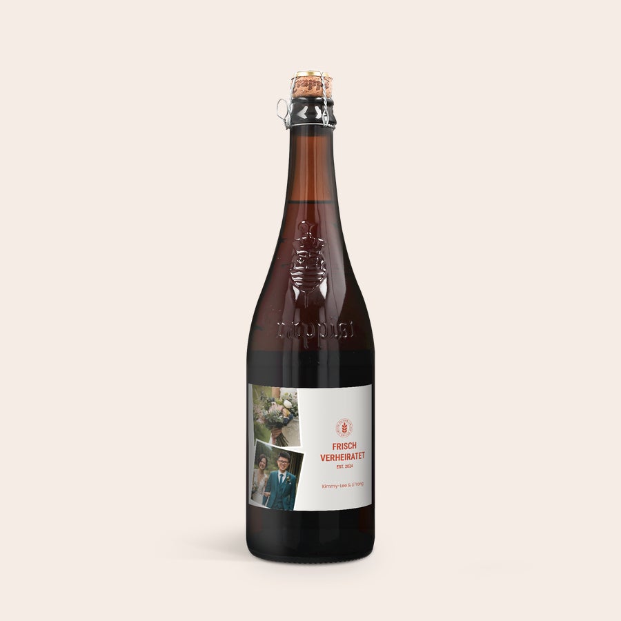 Bier Trappistenbier La Trappe Isid'or personalisieren Trappistenbier mit personalisiertem Etikett bedruckt mit Hochzeitsfotos und dem Text Frisch Verheiratet.
