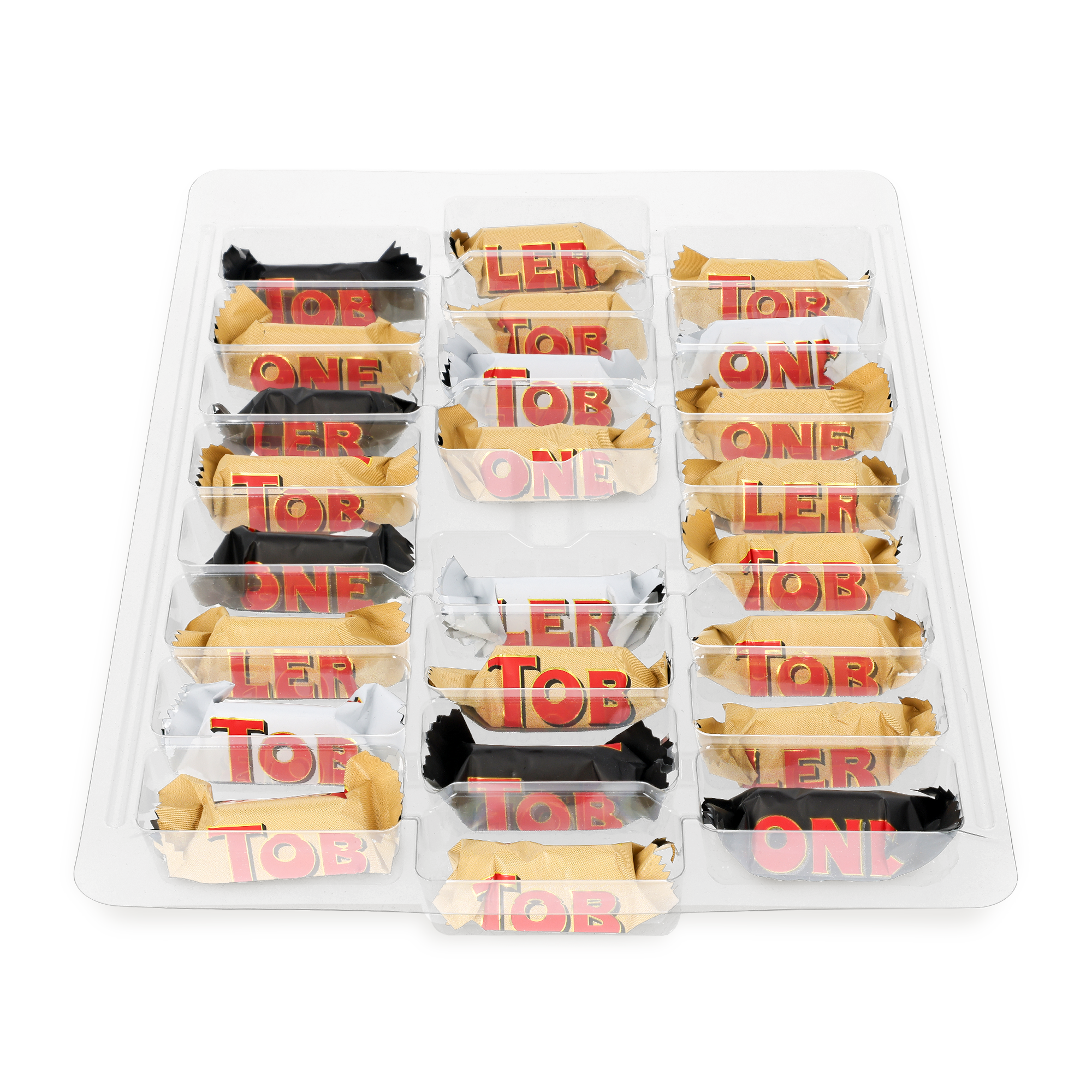 An open personalized advent calendar filled with 24 individually wrapped Toblerone chocolates.